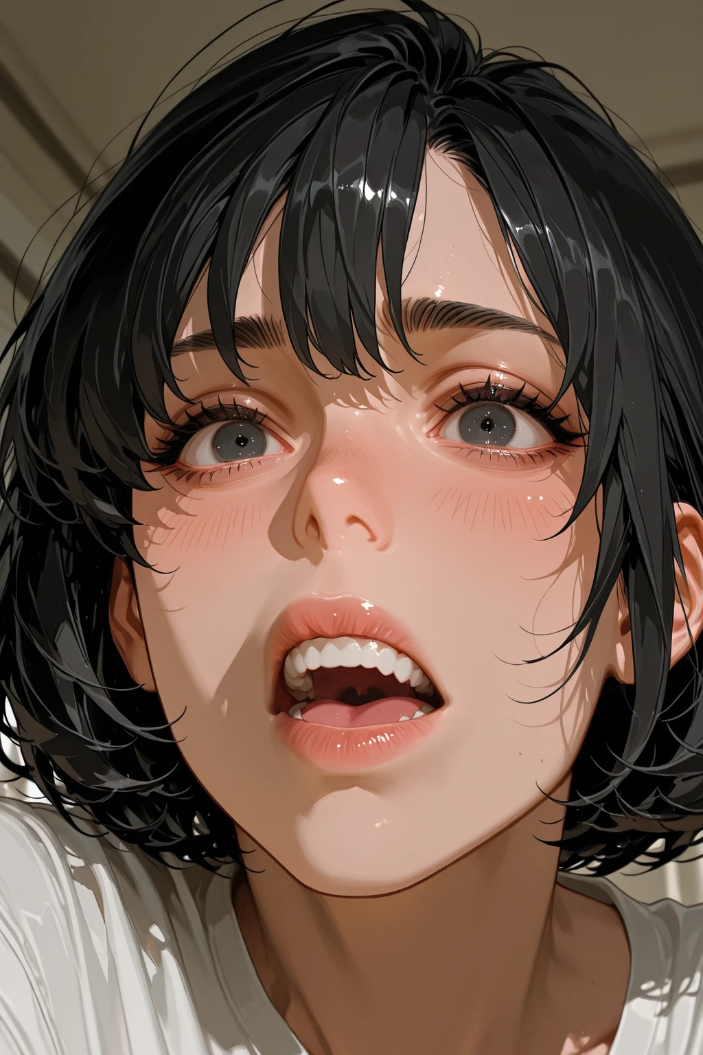 ,1 girl,Solo,hair,(black hair:1),uvula,portrait,masterpiece, best quality, very aesthetic, absurdres,looking at viewer,split,(Black clothing),pov,open mouth,White Breath,shiny,gloss,heavy_breathing,pull,Sweaty clothes,face on ,(happy)