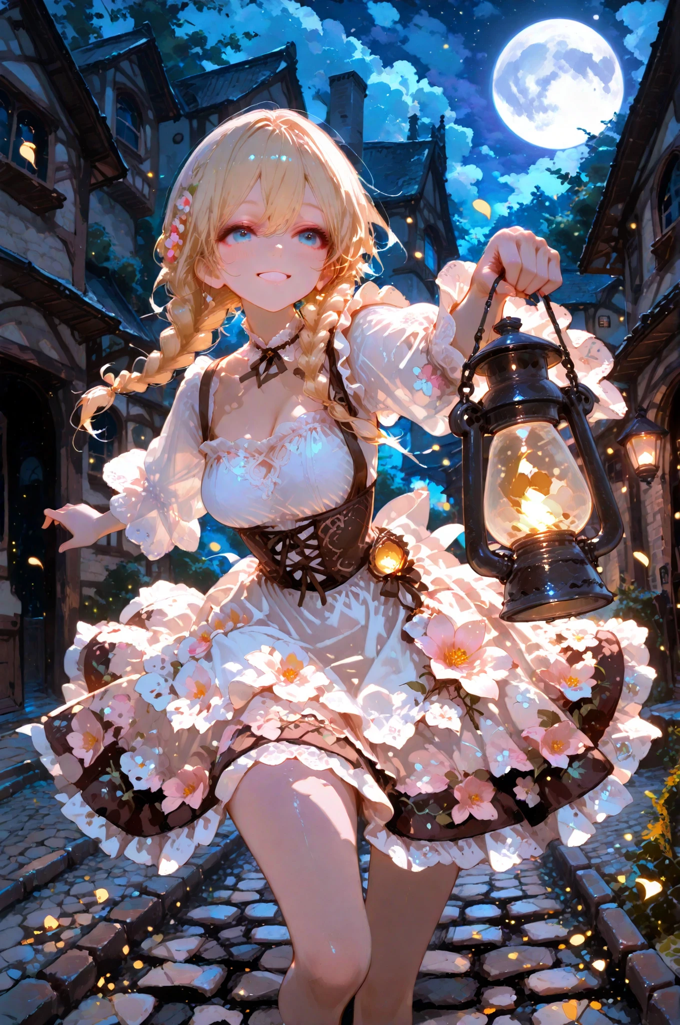Cute European village girl, blonde hair in braids, blue eyes, white blouse with apron dress, floral skirt, fairytale-like scene at night, under the full moon, holding a glowing lantern, running gracefully as if dancing, hair and skirt flowing in the wind, cobblestone village path and timber-framed houses in the background, glowing petals and fireflies drifting in the air, dreamy and magical atmosphere, soft moonlight and lantern glow illuminating her, smiling gently at the viewer, masterpiece, 4k, ultra-detailed, semi-realistic anime style