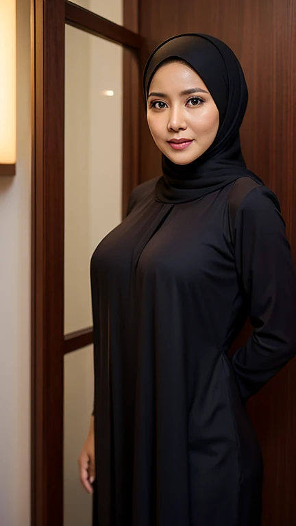 Beautiful  korean woman wearing a hijab with tight black dress showing curves, crown, long legs with heels, on water