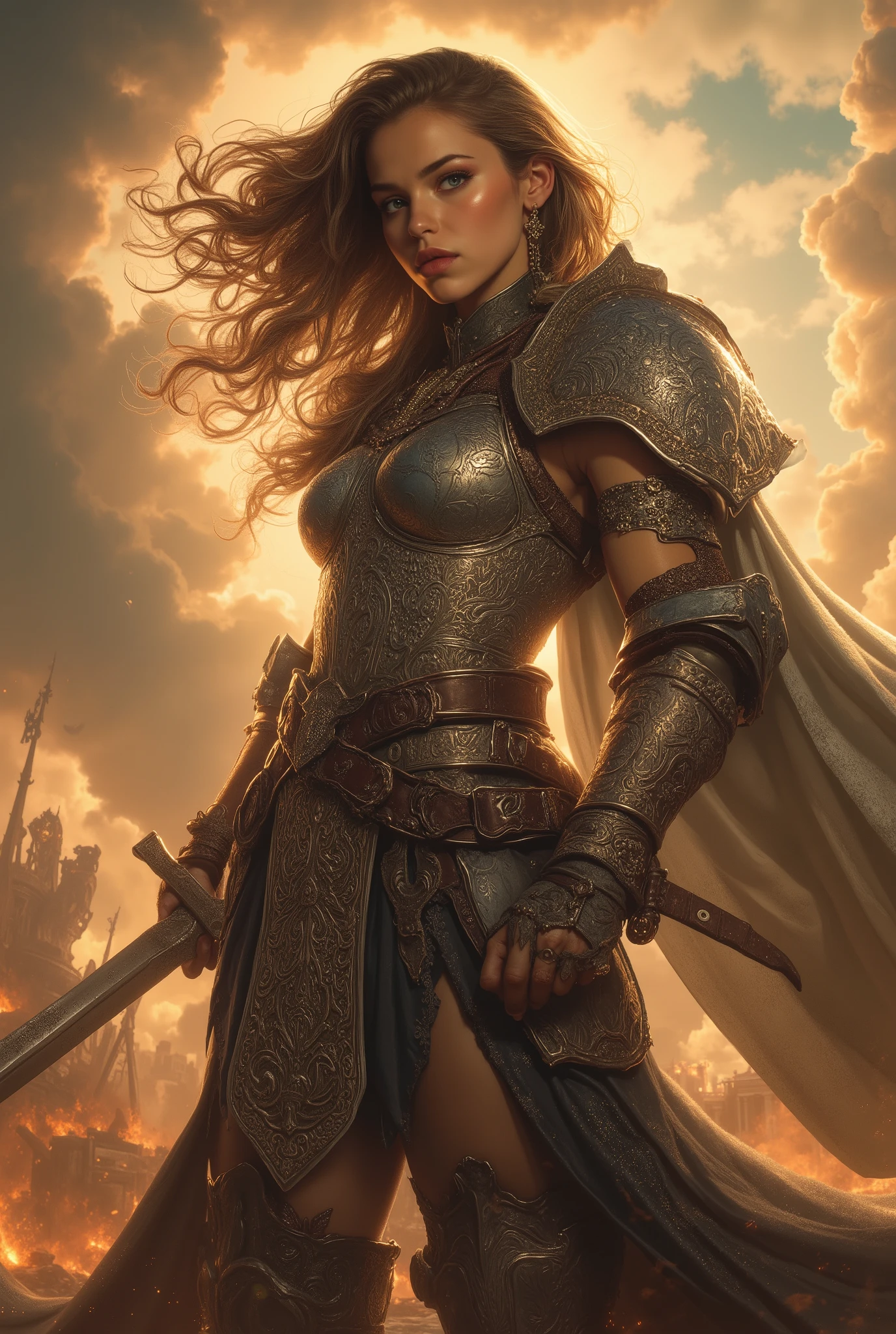 A powerful female warrior standing confidently in ornate battle armor, intricate metal breastplate with elaborate engravings reflecting light, leather and metal pauldrons, dramatic low-angle camera perspective making her appear heroic and imposing against the sky, determined expression with fierce eyes, long hair flowing dramatically in the wind, wielding a gleaming weapon with expert precision, battlefield backdrop with smoke and embers floating in air, dramatic lighting with golden hour sunlight casting dramatic shadows across her face, atmospheric haze creating depth, photorealistic style, cinematic composition, epic fantasy aesthetic, 8k resolution