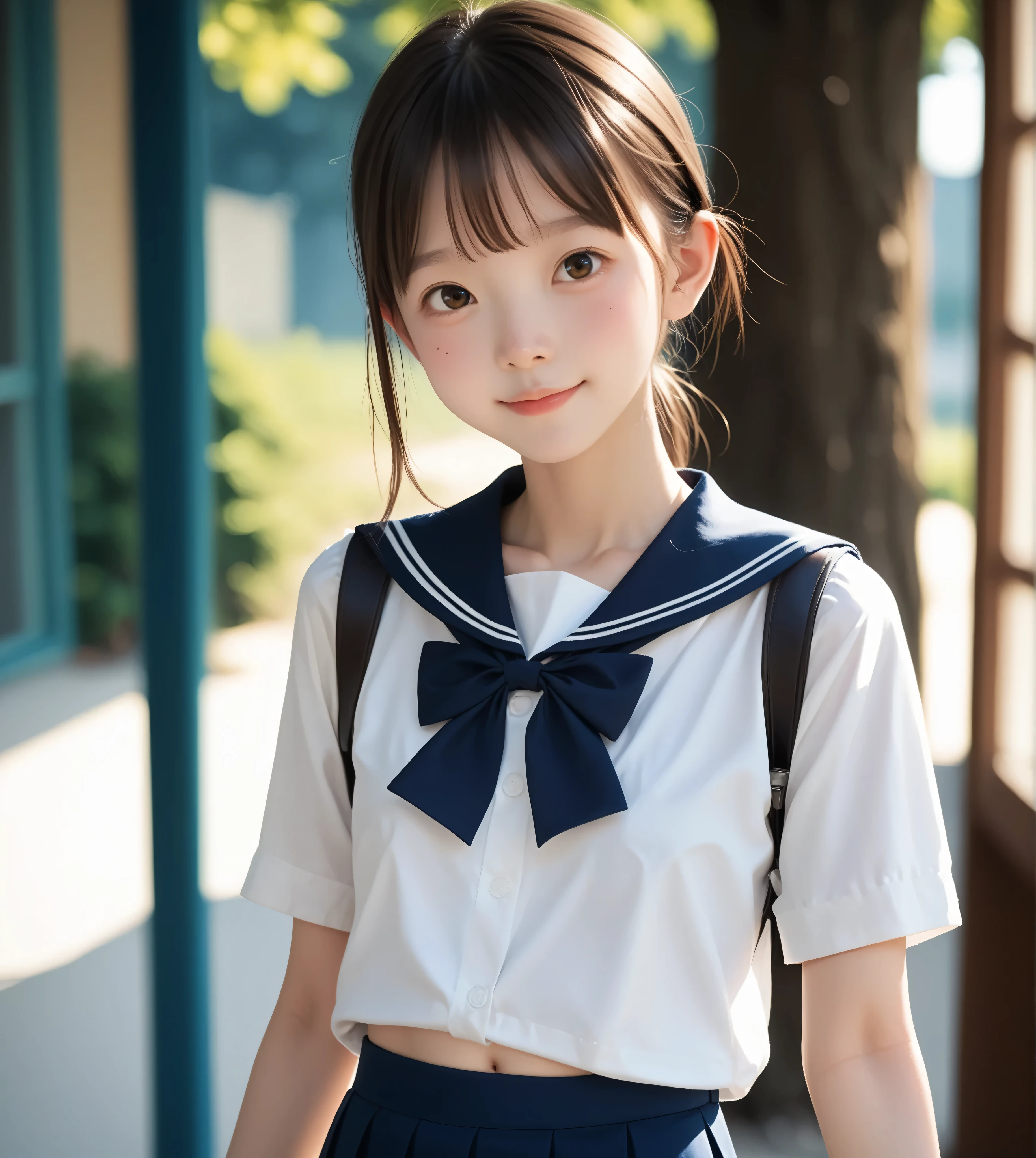 ( white skin:1.3),Cute Girl,Cute younger Girl,slender,short,slender,thin body,(younger:1.2),Cute younger Girl opening without permission,cute face,(skinny:1.5),score_7_up,score_8_up,score_9,realistic,is a girl who goes to school,School Uniform, small butt seen from below,( body:1.2),sunlight,Japanese,short髪, thin shoulders,thin arm,Narrow Shoulder