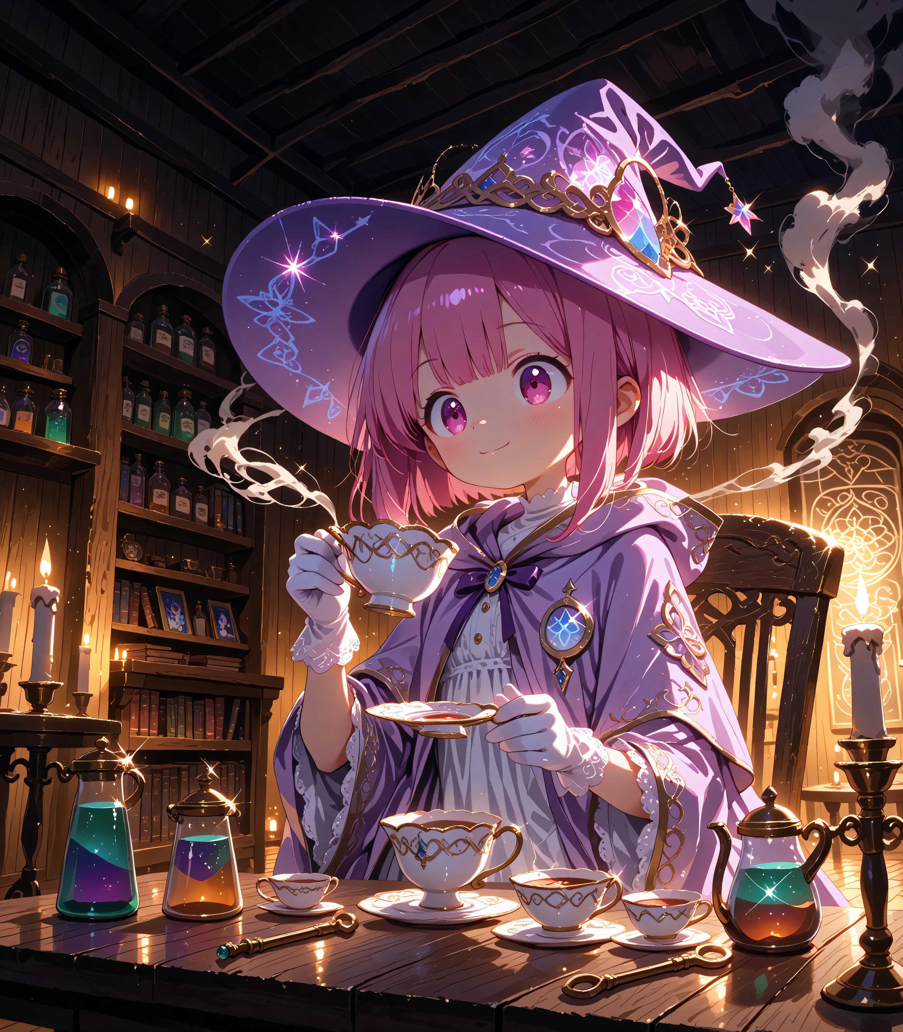 High Quality, masterpiece, super definition, one young witch, pink bob hair, Purple witch hat, Purple Knee-High Robe, white lace gloves, Holding a Teacup, black tea in a cup, Sprinkle rainbow-colored powder on the teacup with one hand, on the left and right, Magical Laboratory, Candlelight, Table Cluttered with Magical Laboratory Tools, Smoke Rising, magic sparkle, mystical atmosphere, warm lighting, detailed textures in a Russian sauna, magic bookshelf, Material in a Glass Bottle, Fantastic Light Effects