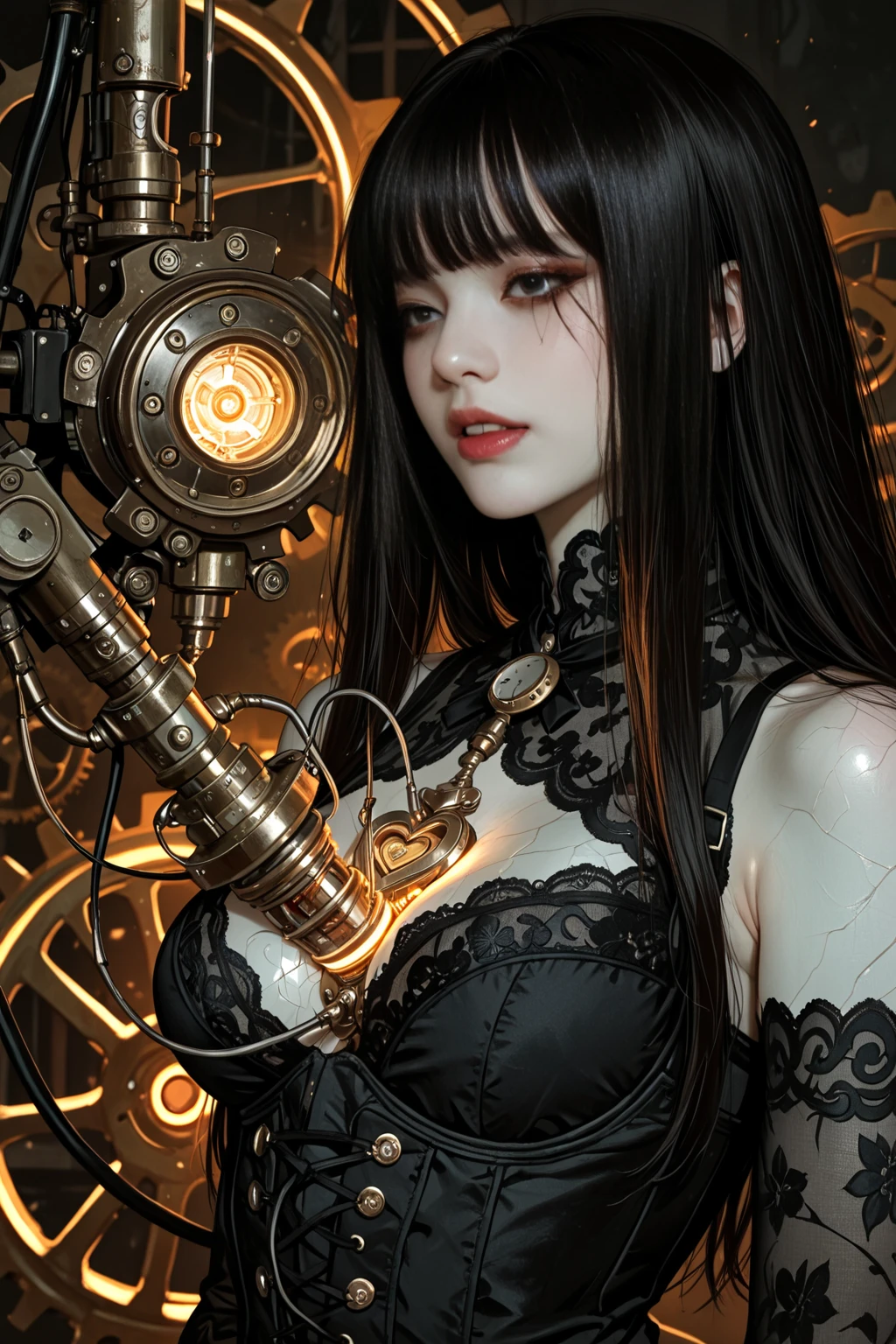 Mechanical doll magical girl, female, 14 years old, very dynamic action pose, UHD, retina, masterpiece, anatomically correct, skin texture, super detailed, highly detailed, high quality, award winning, top quality, 16K, thick bangs, beautiful long black hair curled vertically and heavily disheveled in the wind, slit eyes, very large crescent-shaped eyes, very large dark gray eyes shining like jewels, long eyelashes, very thin little nose, very small mouth, very thin upper lip, light colored natural makeup, very slender and attractive body, (complex mechanical steampunk headgear, black lace flared skirt, complex mechanical overdecorated gothic lolita fashion combined with steampunk fashion), upturned very small beautiful ???????, (exploding flames in the background). (complex mechanic factory, lots of gears, lots of piping, lightning filled space sky), create highly detailed and realistic images, (super detailed background), (dark mysterious: 1. 2),