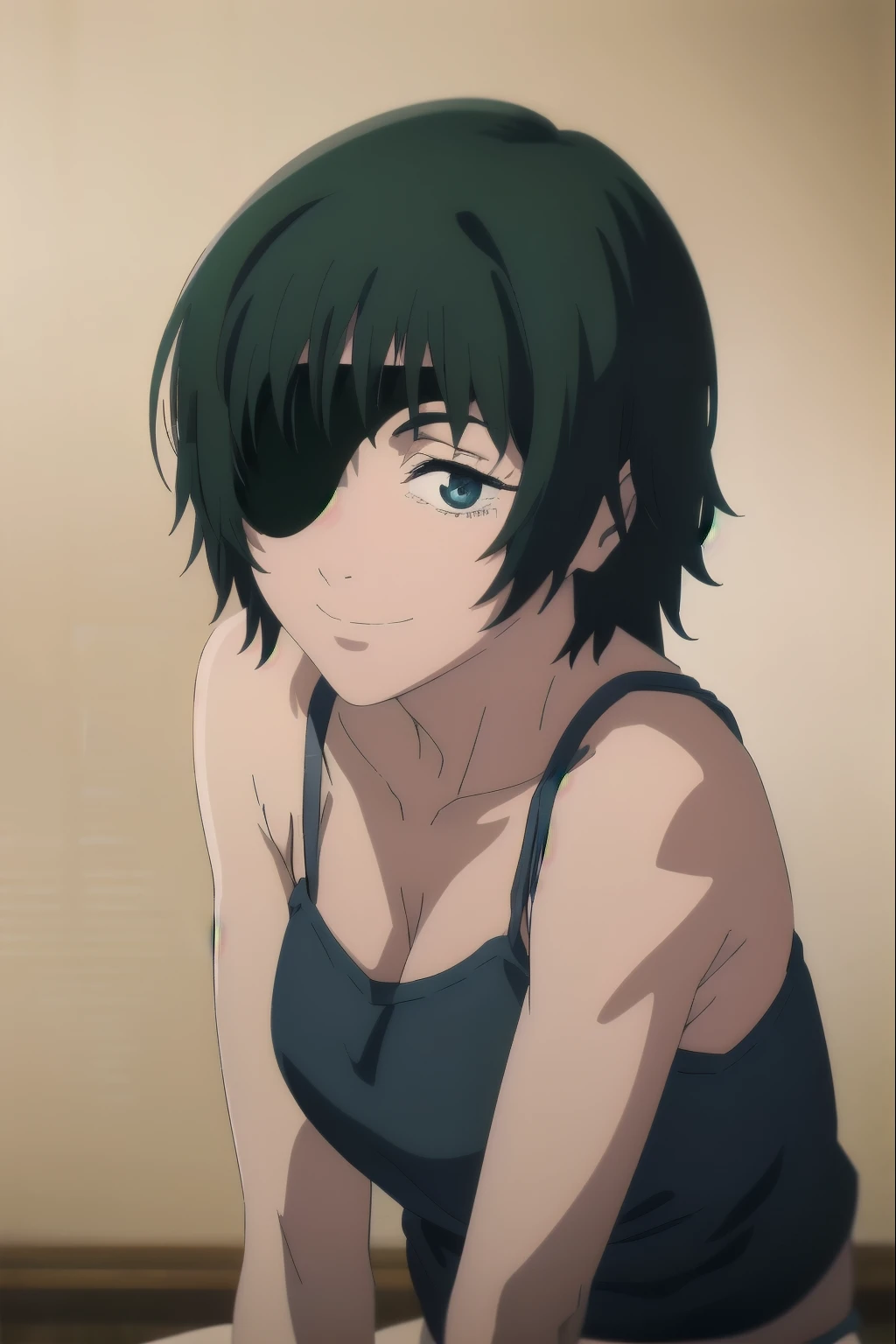 anime art style, , Unreal Engine 5, 4K, octane render, masterpiece, Highest Quality, Highly Detailed, whimsical things, high resolution, perfect, artbook, detailed eyes,(masterpiece))),(((Highest Quality)))                       ,girls, solo, is facing the viewer, watch viewers,, smile, himeno, Eye patch, dark haired, blue eyes, Medium Hair,Bang, 青いtank top, panties                       , Lola the hymen, 1girls, Eye patch, dark haired, short hair, blue eyes, green hair, gradation eyes, Dark Haired, dark green hair, blue green eyes,, himeno (Chainsaw Man), tank top, panties, watch viewers, masterpiece, Highest Quality                                                                                                        , white background
