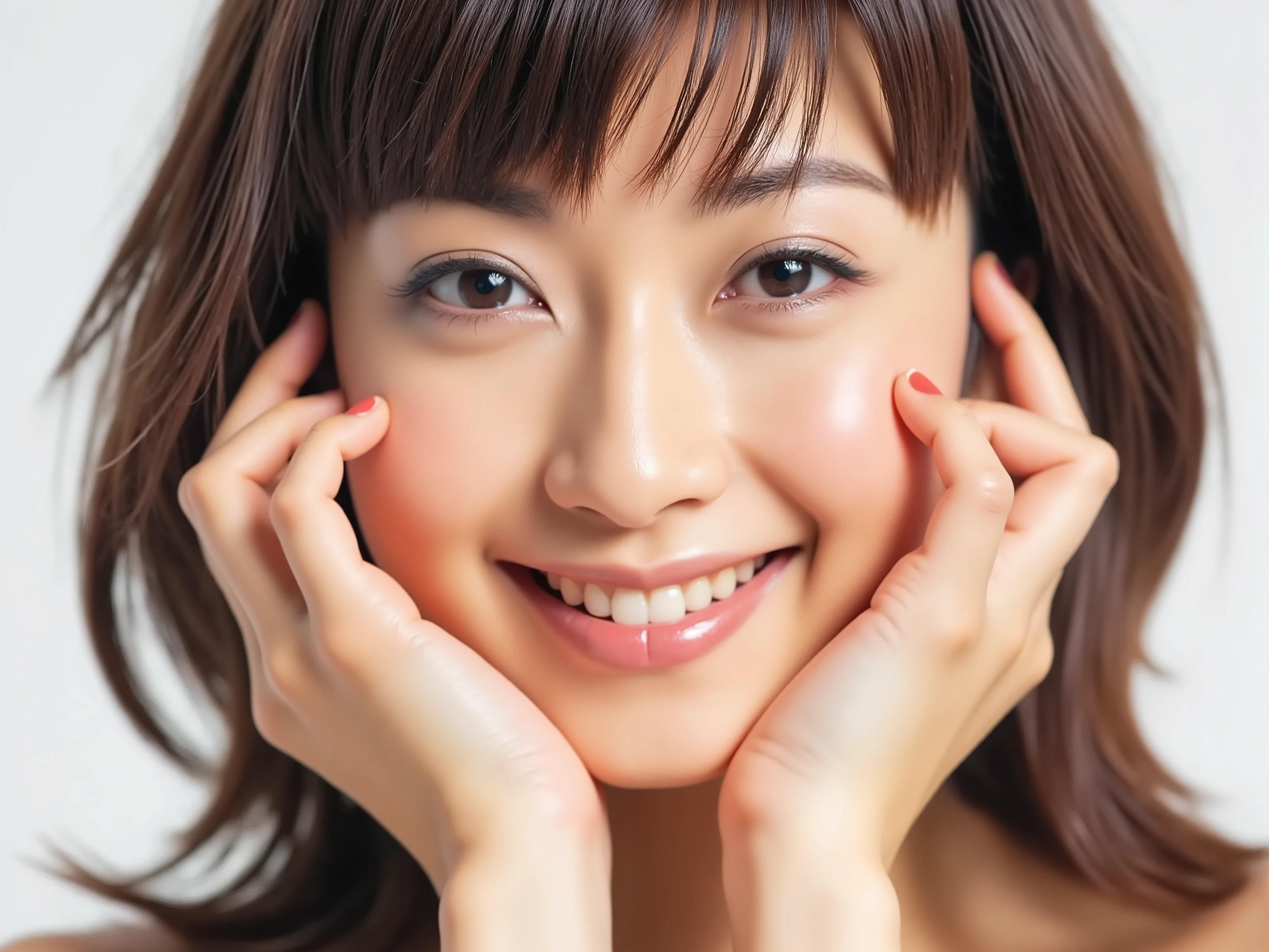 (Refined from an old photo, recreated in a modern, ultra high-quality photorealistic style, with a trendy Reiwa-era hairstyle: soft semi-long hair with natural waves and airy see-through bangs),
Ultra photorealistic close-up portrait of a beautiful Japanese woman,
upper-body shot, wearing a black outfit (completely out of frame, not visible),
shoulders and collarbone softly exposed,
both hands pressing her cheeks in a shy, lovestruck pose,
sparkling eyes gazing dreamily at the viewer with overwhelming affection,
cheeks blushing deeply with a sweet reddish glow,
soft glossy lips curved into a bright, full, lovestruck smile,
expression melting with love, playful, dreamy, adorably bashful,
purely cute and lovestruck, overflowing with affection and warmth,
realistic skin with detailed pores, subtle freckles, natural uneven tones,
tiny imperfections for realism, soft peach fuzz visible,
hair rendered with individual strands, slightly messy flow, natural matte shine,
soft diffused cinematic lighting, natural depth,
background pure white with gentle blur,
(masterpiece, best quality, high resolution, intimate romantic close-up, cinematic magazine cover style)