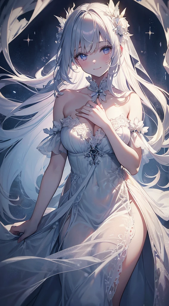 one-girl，deep in the night，Silver moonshine，glowworm，White skin，deer antlers，Messy bangs，Lake blue waist-length hair，flowy，French big waves，Silver-blue eyes，Silver and white long dress，Rhinestone pendants，Peerless beauty，gentleness，mature，Soft，Hazy moonlight，ln the forest，k hd，high detal，high qulity，Good atmosphere，delicated，cg render，detail render，（Delicate facial portrayal）（Fine hair portrayal）（highest  quality）（Master masterpieces）（High degree of completion）（a sense of atmosphere）