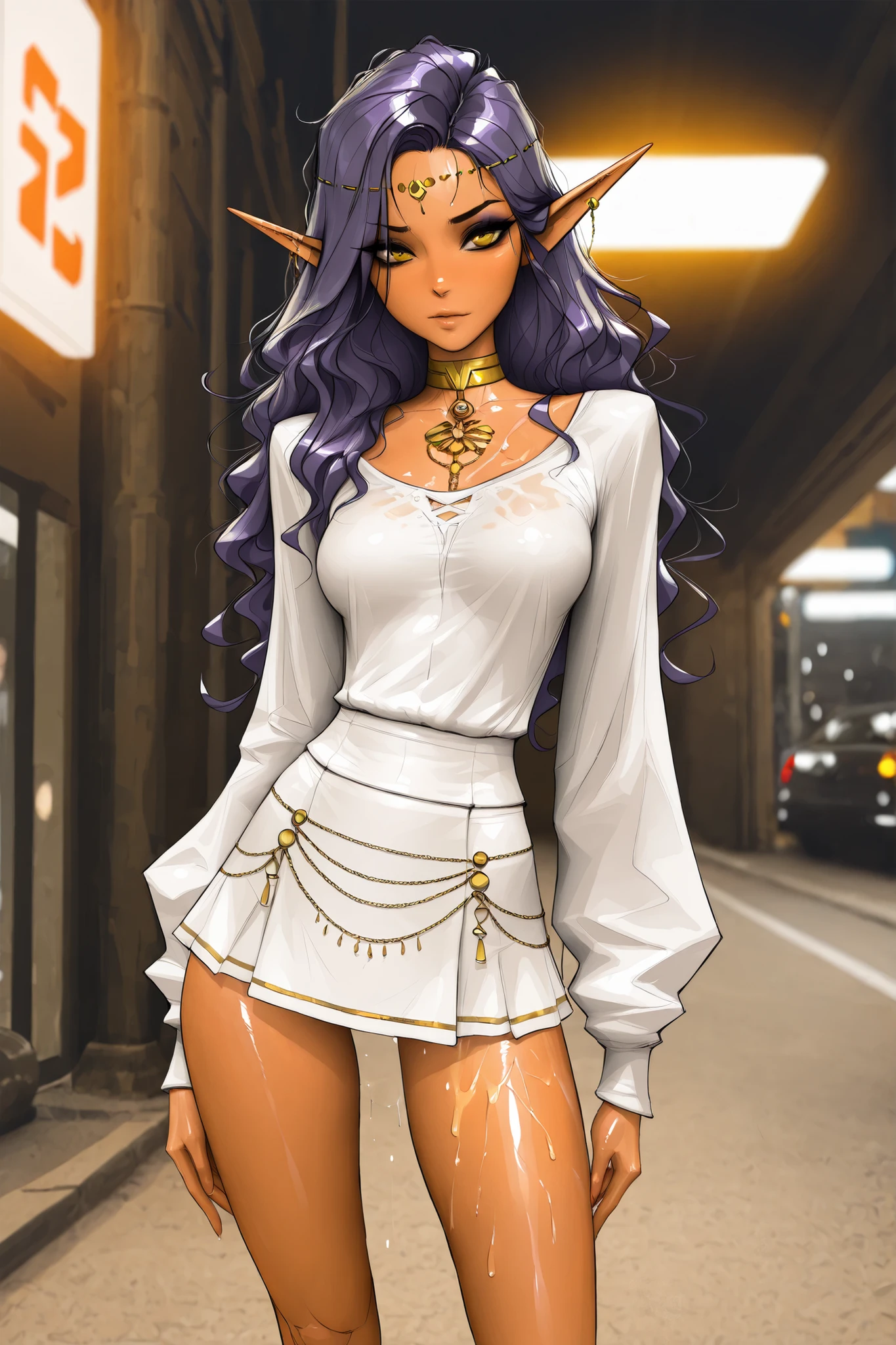 Expressiveh, masterpiece, best quality, very aesthetic, movie quality, depth of field,soft saturation, focused subject, ,official style, shiny skin, long dark purple hair, elf ears, curly hair, , yellow eyes, eyeshadow, (dark-skinned female
), athletic body, shirow masamune, sam yang, oily skin, medium breasts, fluids on skin, trendy clothes, streamer, thot, wavy hair,, (slender body, long thin legs), mini skirt, white blouse, gold choker, gold jewelry, (under a streetlight), detailed eyeliner, head chain, elf ear piercings, chains from ears
