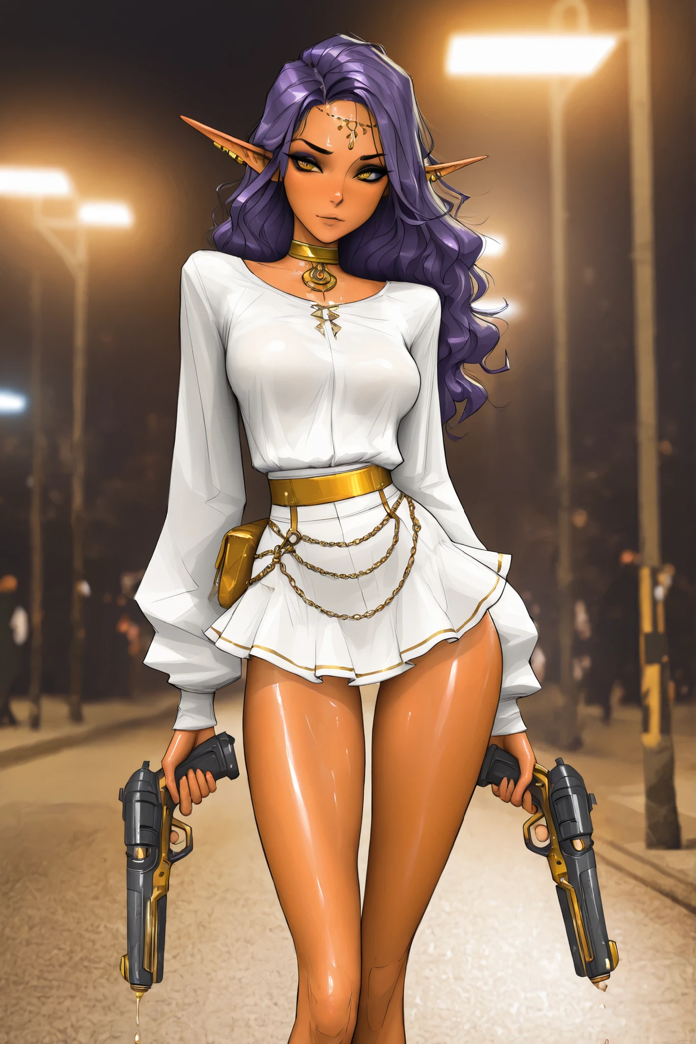 Expressiveh, masterpiece, best quality, very aesthetic, movie quality, depth of field,soft saturation, focused subject, ,official style, shiny skin, long dark purple hair, elf ears, curly hair, , yellow eyes, eyeshadow, (dark-skinned female
), athletic body, shirow masamune, sam yang, oily skin, medium breasts, fluids on skin, trendy clothes, streamer, thot, wavy hair,, (slender body, long thin legs), mini skirt, white blouse, gold choker, gold jewelry, (under a streetlight), detailed eyeliner, head chain, elf ear piercings, chains from ears, slutty pose, gold eyeshadow, gold rings, holding space pistol
