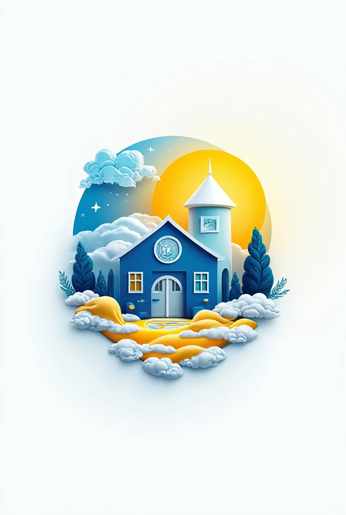 A logo with a family house full of magic and magical creatures, minimalist, Dark blue, light blue and turquoise.