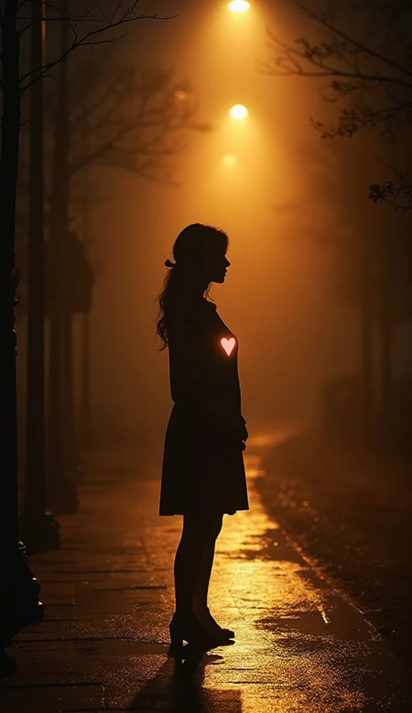 The silhouette of a beautiful woman standing under a street lamp ...