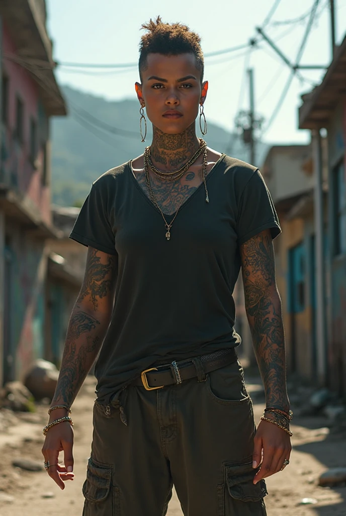 russian  woman, grey  hair (high pouf pompadour, shaved sides), colourful bandana as headband, with very light blue eyes, extremely pale skin. No tan. All neck tattooed. Hands and forearms all tattooed in colour .Tighs all tattoed in colour. Wearing cropped aged black moto jacket with lots of zippers and pins, flipped up collar. skinny dark low rise blue jeans. White push up bikini. Dirty White tennis sneakers. Chain around hips like belts. Dirty knees, dirty feet and muddy hands. Wide studded belt. Squatting on a puddle with hands on her hips, looking up, chin up, stretching her neck , humble  expression.  Black nail polish. studded black leather tote bag with chain on the floor, next to her.. Listening looking up in amazement to somebody speaking to her from the sky, upper teeth visible. Well toned abdominals, thin neck, slim legs and thin arms. Narrow hips Cleavage, stomach, neck, tigh and hands completely covered with tattoos. Dirt street in Kenyan village full of waste. Lots of silver bracelets, silver pendants and collars around all the beck. A lot of tanned fat women  in traditional dresses around looking at her. next to her, all her belongings scattered on the floor: tobacco packs, makeup kit, little makeup mirror, studded black leather tote bag, lipstick, wallet, moble etc on the floor, point of view; from above