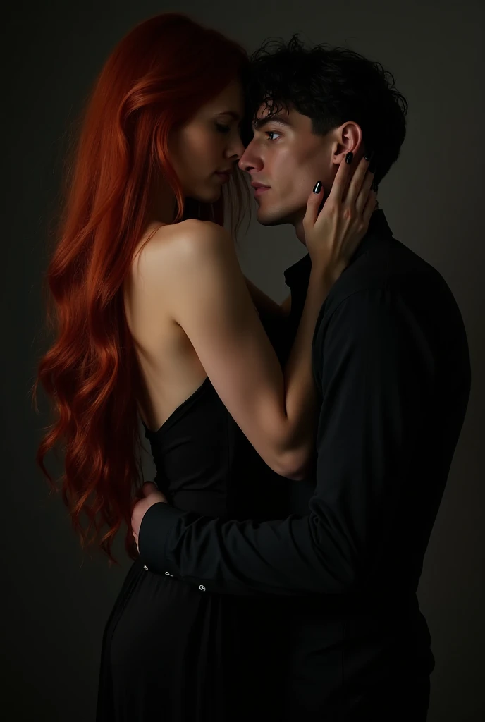 A passionate couple with their backs men and women, a stunning woman, with long red hair falling in soft waves down the back. Your skin is clear as porcelain, in striking contrast with the deep black she wears in a nightgown  .  The eyes are blue , intense and hypnotic, and her nails painted black ,  with a marked silhouette Photo showing the model in full, from head to toe.   fair-skinned white man, black hair and blue eyes wearing elegant black clothing, ambos apaixonadoos, embraced in a passionate kiss 