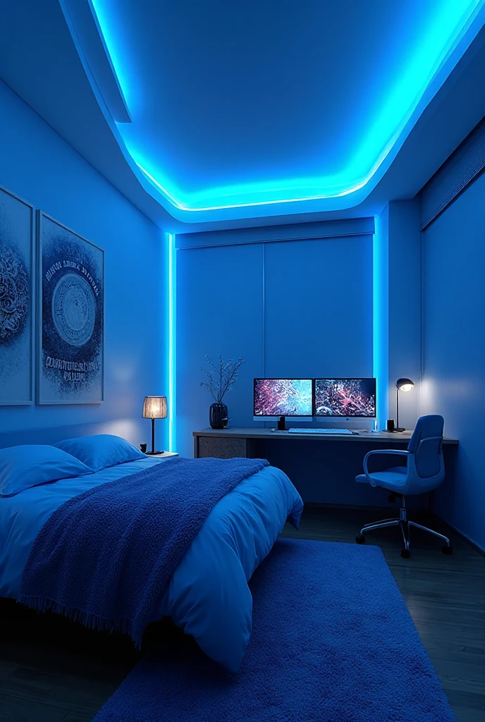 A modern bedroom bathed in the relaxing blue glow of the LED light ...