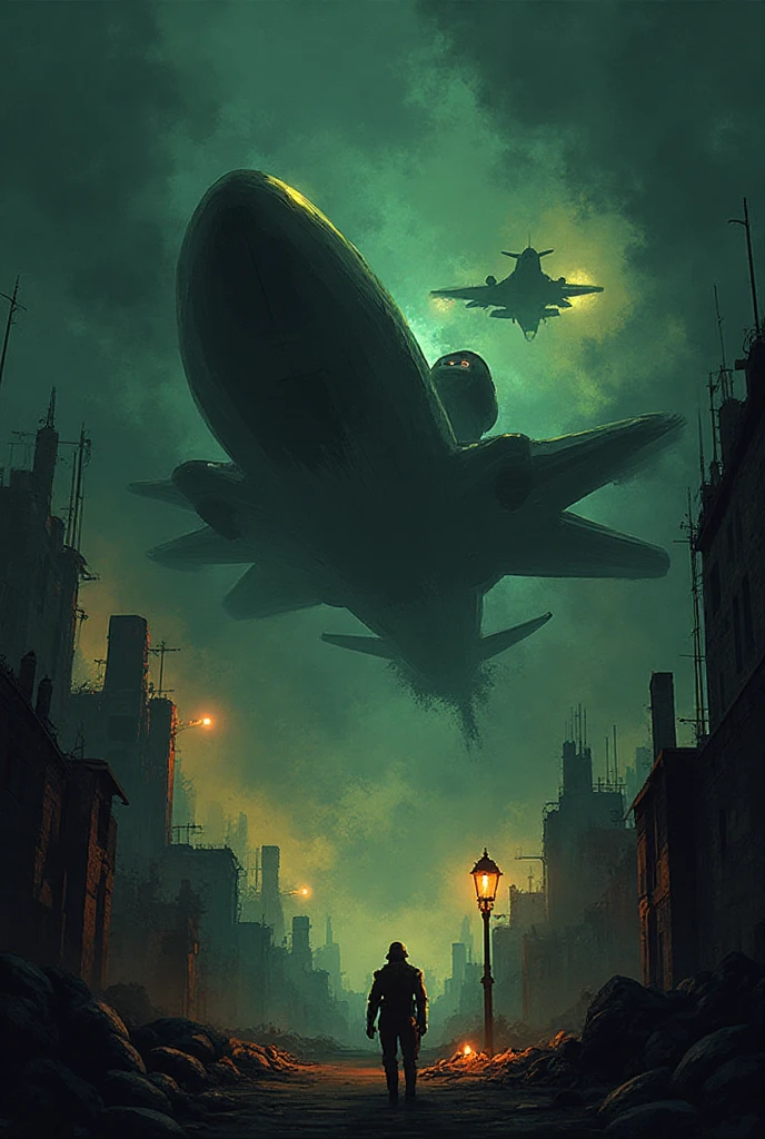 Create a digital illustration in the style of dark, stylized animation with gothic-cartoon aesthetics. Visual features: exaggerated proportions, expressive faces with sharp angular lines, elongated figures, and dramatic poses. Lighting is moody and cinematic, with strong contrasts and glowing highlights against shadowy backgrounds. Color palette: desaturated greens, eerie yellows, muted reds, smoky grays, and deep blacks, evoking a gloomy and atmospheric tone. Backgrounds should feel ominous and theatrical, with stormy skies, ruined cities, battlefields, decayed landscapes, or candlelit interiors. Composition is bold and dynamic, often with a centered or slightly off-balance framing to emphasize tension.
Depict:Military jet flying beside a large silent passenger plane, tense mood
Keep the style strict: cartoon-gothic dark animation, painterly shading with clean digital brushwork, slightly textured but not photorealistic, no modern 3D CGI look, no clutter. High-resolution, consistent finish.



