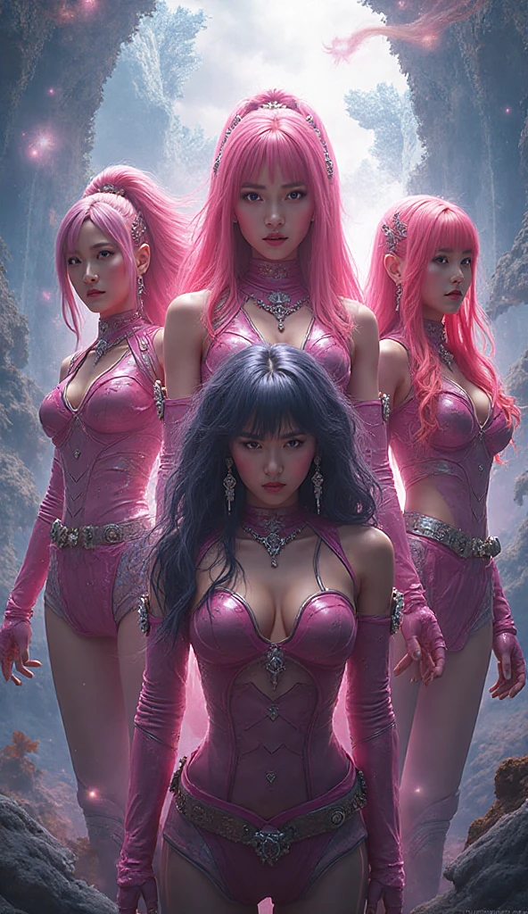 k pop, 5 asian girls, one has pink hair, one has blond hair, super hero costumes, cartoon