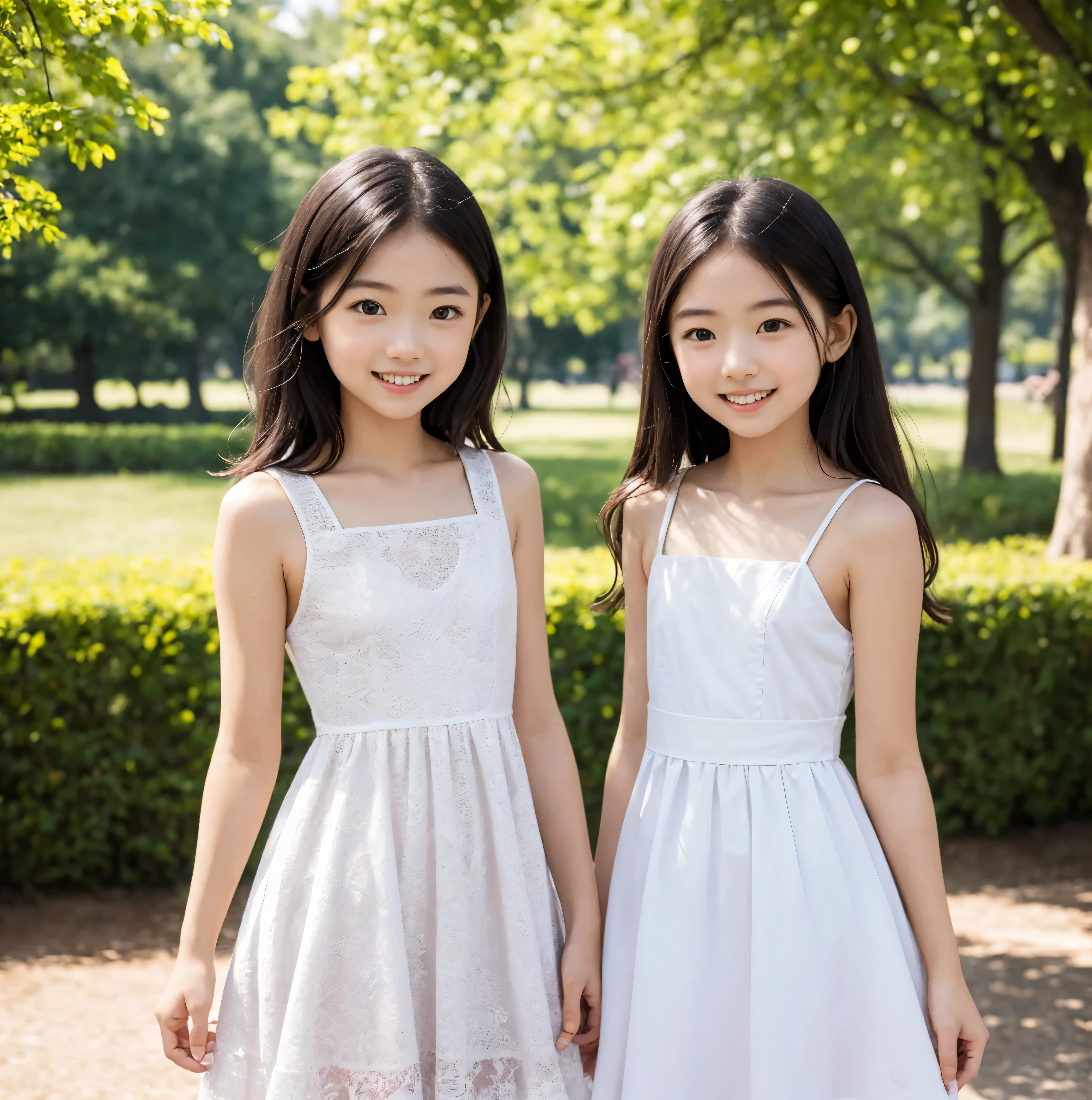 2 cute girls,((Highest Quality)),park where the nipples are almost visible,((Photo Quality)),(Slim:1.5),(detail),Tiny Chest,、 thin shoulders,perfect face,Tank Dress ,ruffle dress,(skinny:1.3),(smile:0.5)