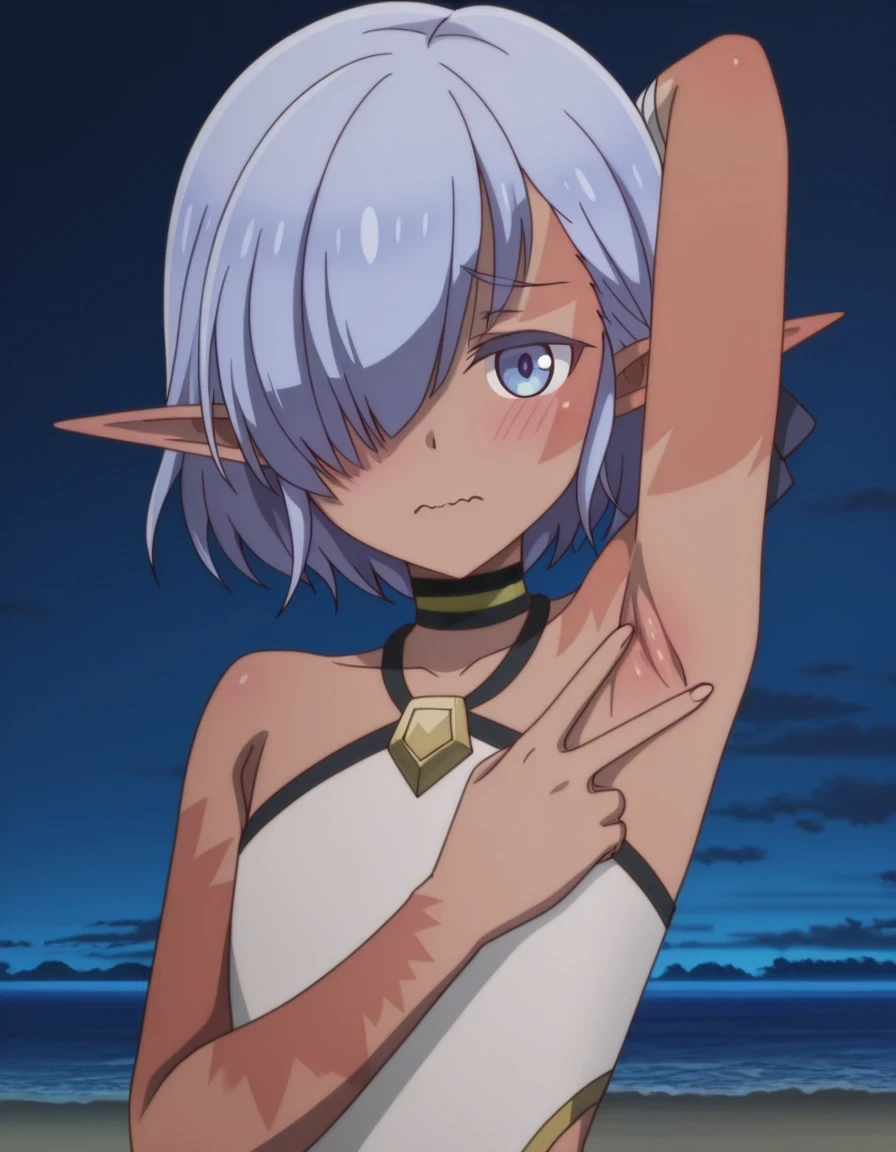 cariaerful, dark elf, dark-skinned female, short hair,  blue hair, hair over one eye, blue eyes, pointy ears, bandaged arm, black choker, burn on face, burnt arm, flat chest, white top, halterneck, sleeveless, black shorts, anime screencap, high quality, solo, upper body, (contrapposto), <lora:spread-armpit-illustriousxl-lora-nochekaiser:1>, spread armpit, armpits, armpit focus, v, closed mouth, night sky, beach, looking at viewer, wavy mouth, blush, best quality,