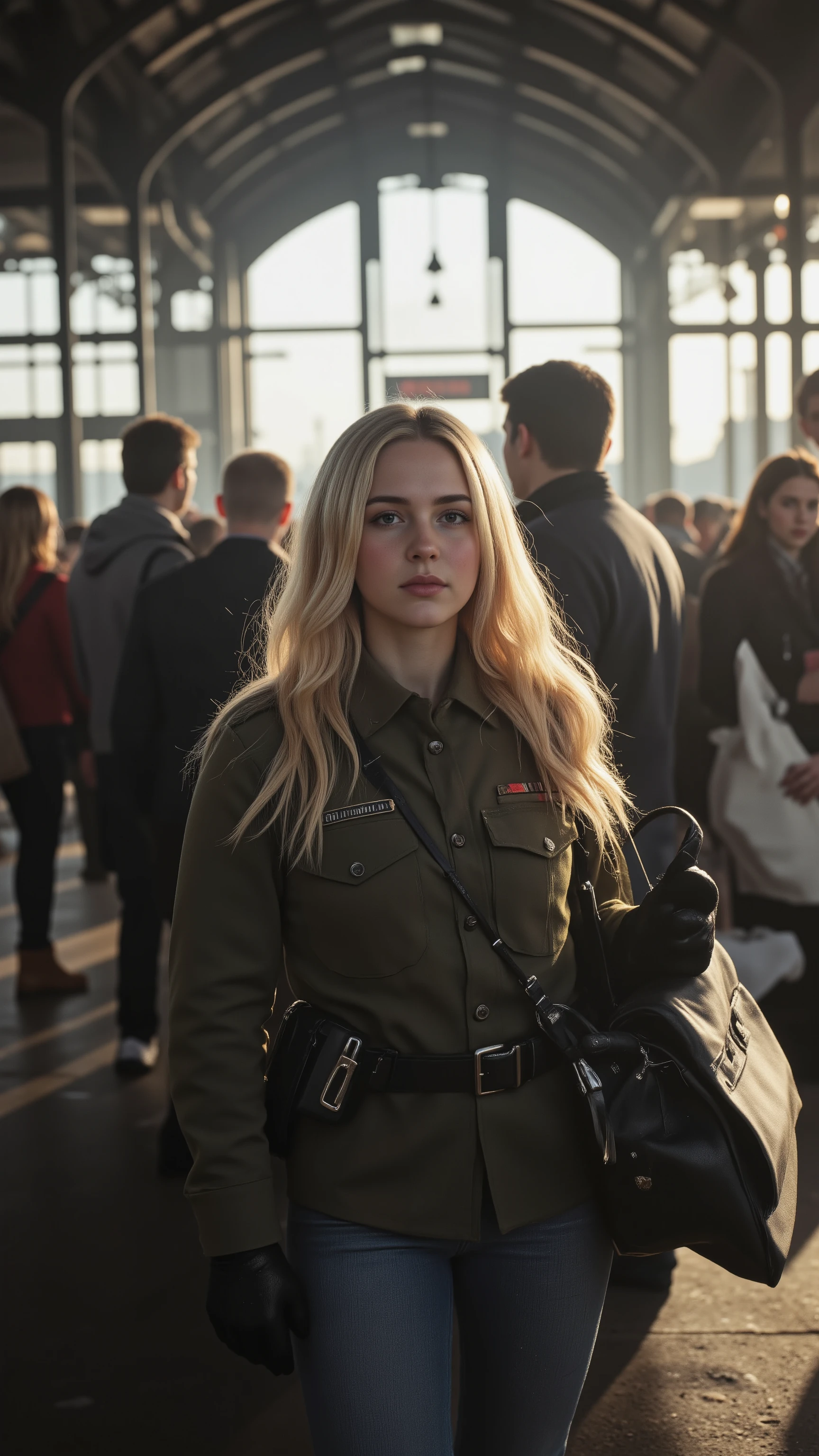 high-definition images、railroad station in central New York、A moment full of farewell and anticipation、A blonde woman in military uniform lands at the station after a long mission　find her family and start running