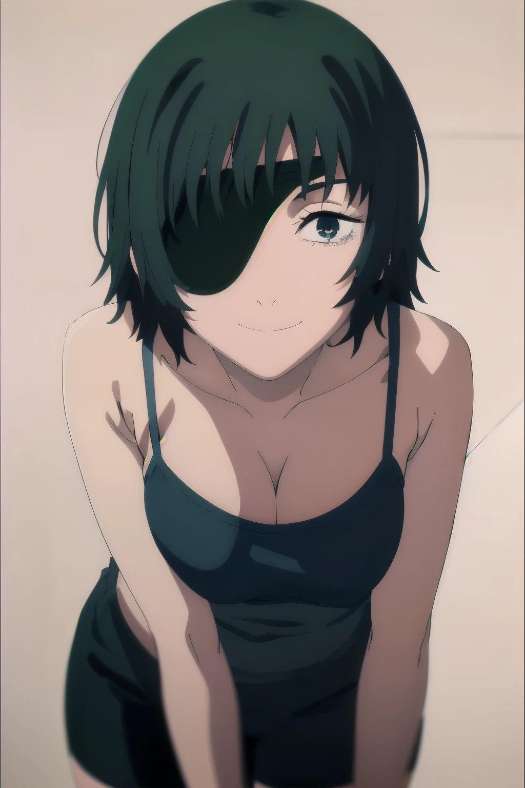 anime art style, , Unreal Engine 5, 4K, octane render, masterpiece, Highest Quality, Highly Detailed, whimsical things, high resolution, perfect, artbook, detailed eyes,(masterpiece))),(((Highest Quality))) ,girls, solo, is facing the viewer, watch viewers,, smile, himeno, Eye patch, dark haired, blue eyes, Medium Hair,Bang, 青いtank top, panties , Lola the hymen, 1girls, Eye patch, dark haired, short hair, blue eyes, green hair, gradation eyes, Dark Haired, dark green hair, blue green eyes,, himeno (Chainsaw Man), tank top, panties, watch viewers, masterpiece, Highest Quality , white background