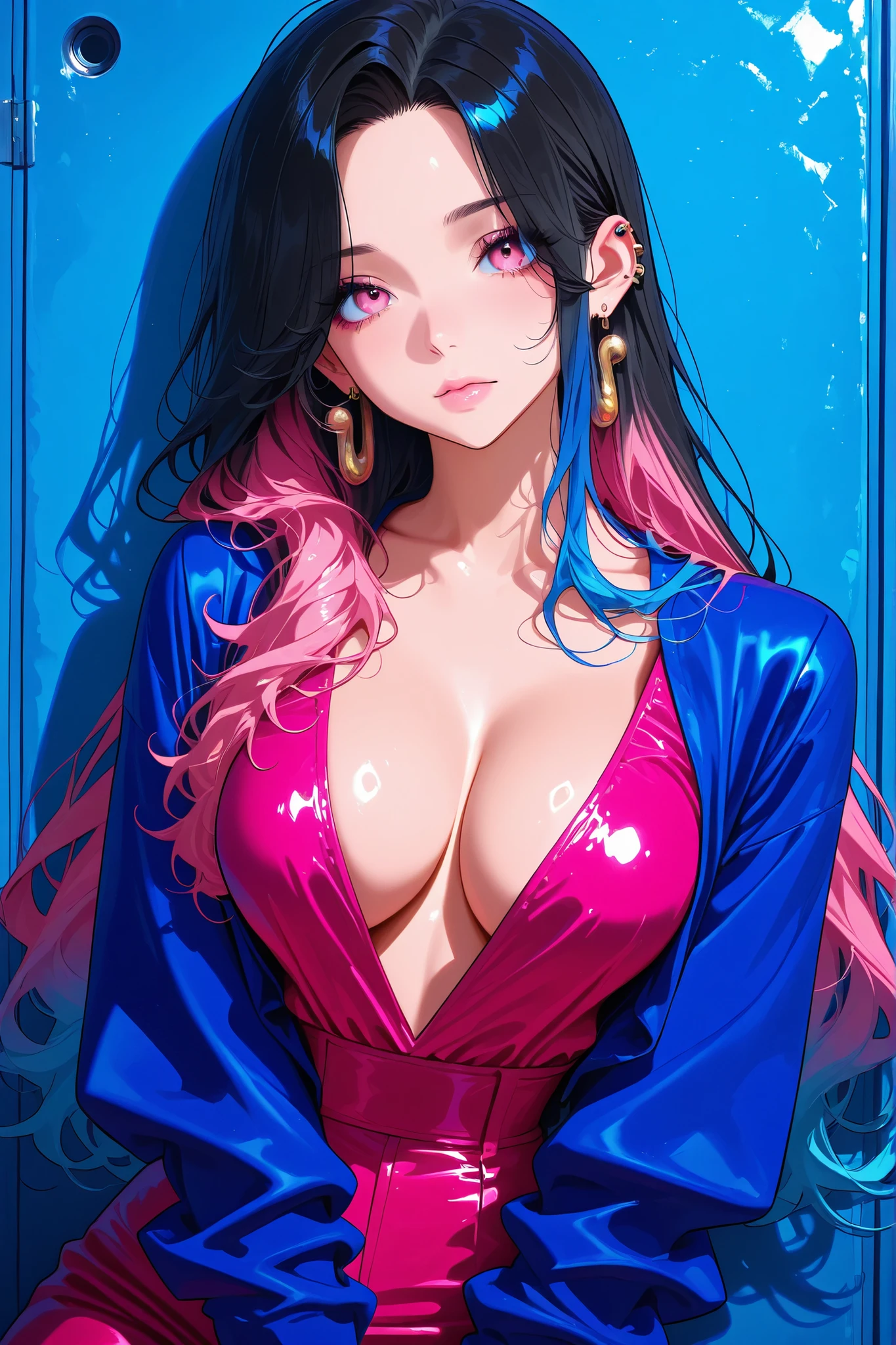 KJOmarin, black hair, long hair, pink eyes, earrings, ear piercing, multicolored hair, Highly detailed, Amazing work, Vitreous luster,((clean backdrop)),In pink,(((blue colors))),burgundy color,red colour,Best quality at best,clean backdrop。big breasts, cleavage, plunging neckline,
