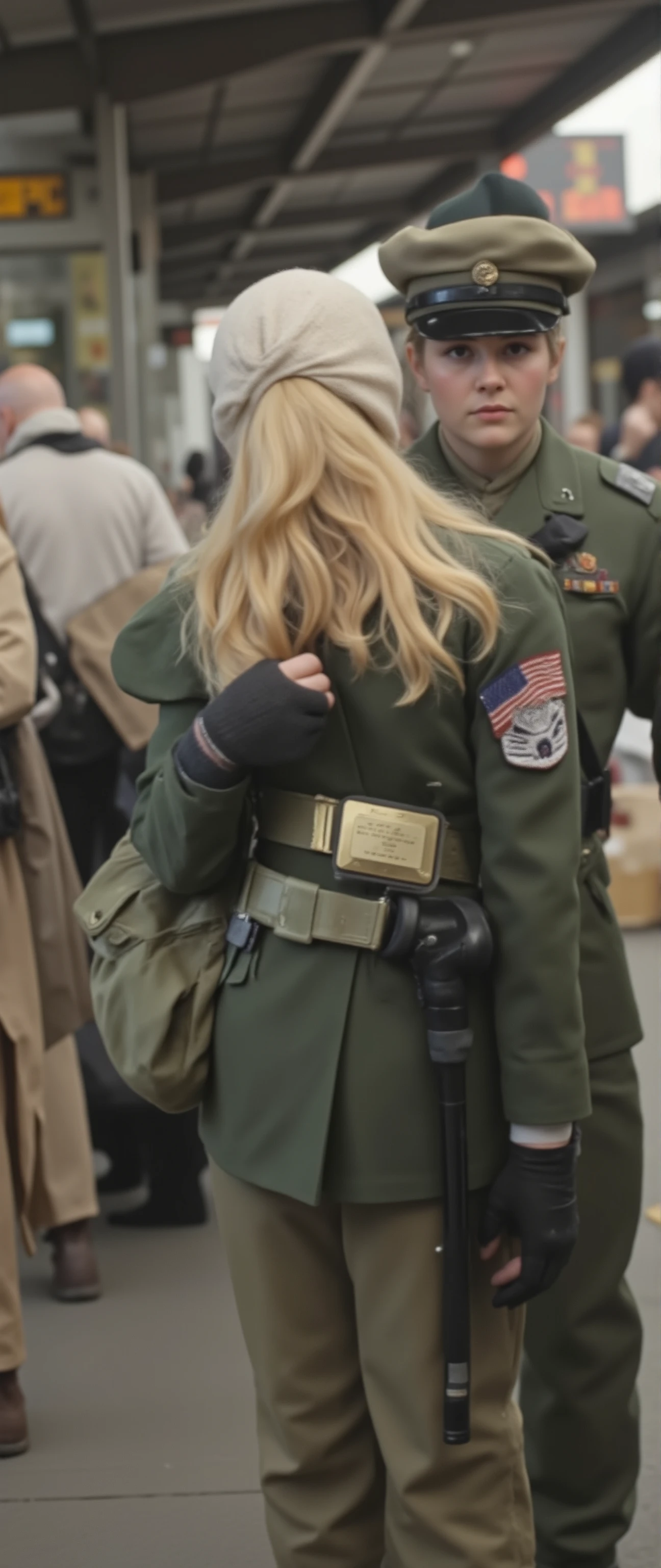 high-definition footage looks up、A blonde woman in military uniform who arrived at the station after a、breakup moment、before embarking on a long mission, a blond woman in a military uniform at the train station left heavy luggage and the family家族に囲まれて（旦那、2 daughters）I regret breaking up with、my daughter has an American flag