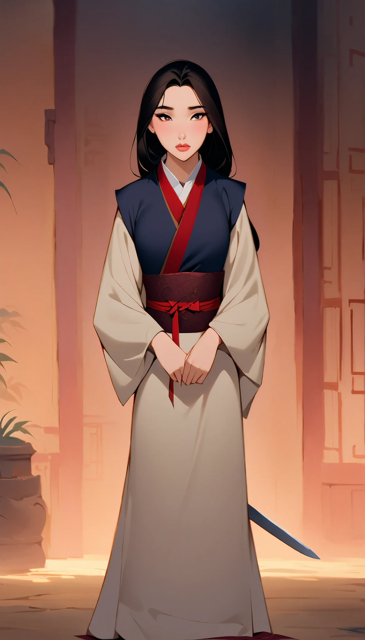 Hua Mulan,Show female shy,ultra shy, ((shyyness)), looking down, 19 years old, like a porcelain doll, fine features, delicate,Black and red color scheme,poster,iconic disney characters。shonen style, anime style, straight hair, ((long hair)) ,japanese young woman warrior, black hair, traditional japanese dress, wind blow, spring, bottom perspective, panoramic view, fantastic lighting, detailed, with an sword, ((perfect eyes)), ((really shy)), woman body, kunoichi, dutch angle, ((closed mouth)),((perfect lips)), ((brown eyes)), extremely shy, extremely blushed, ((looking down)),