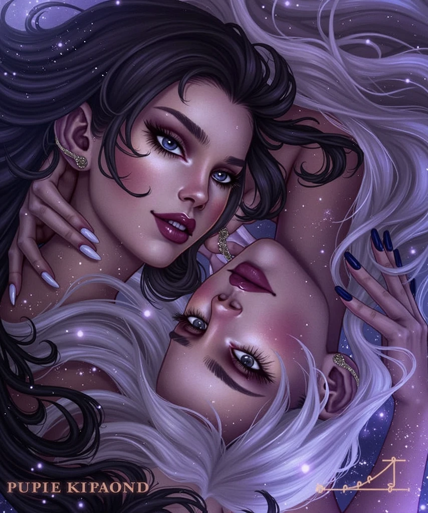 two girls hugging one girl with white hair dark makeup staring at the viewer painting on the other girl's back with a brush the picture of starry night by van gough and the other girl with a  back facing the wall with her jet black hair down high definition  features and body features eyes nose lips photo realistic 