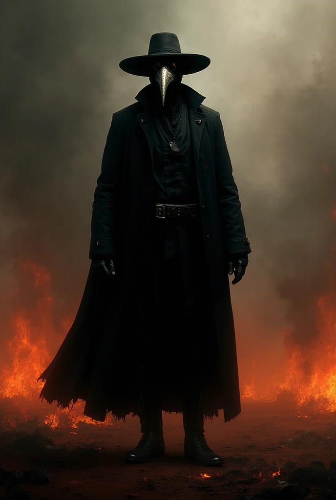 A dark, realistic digital painting of a tall plague doctor figure with ...