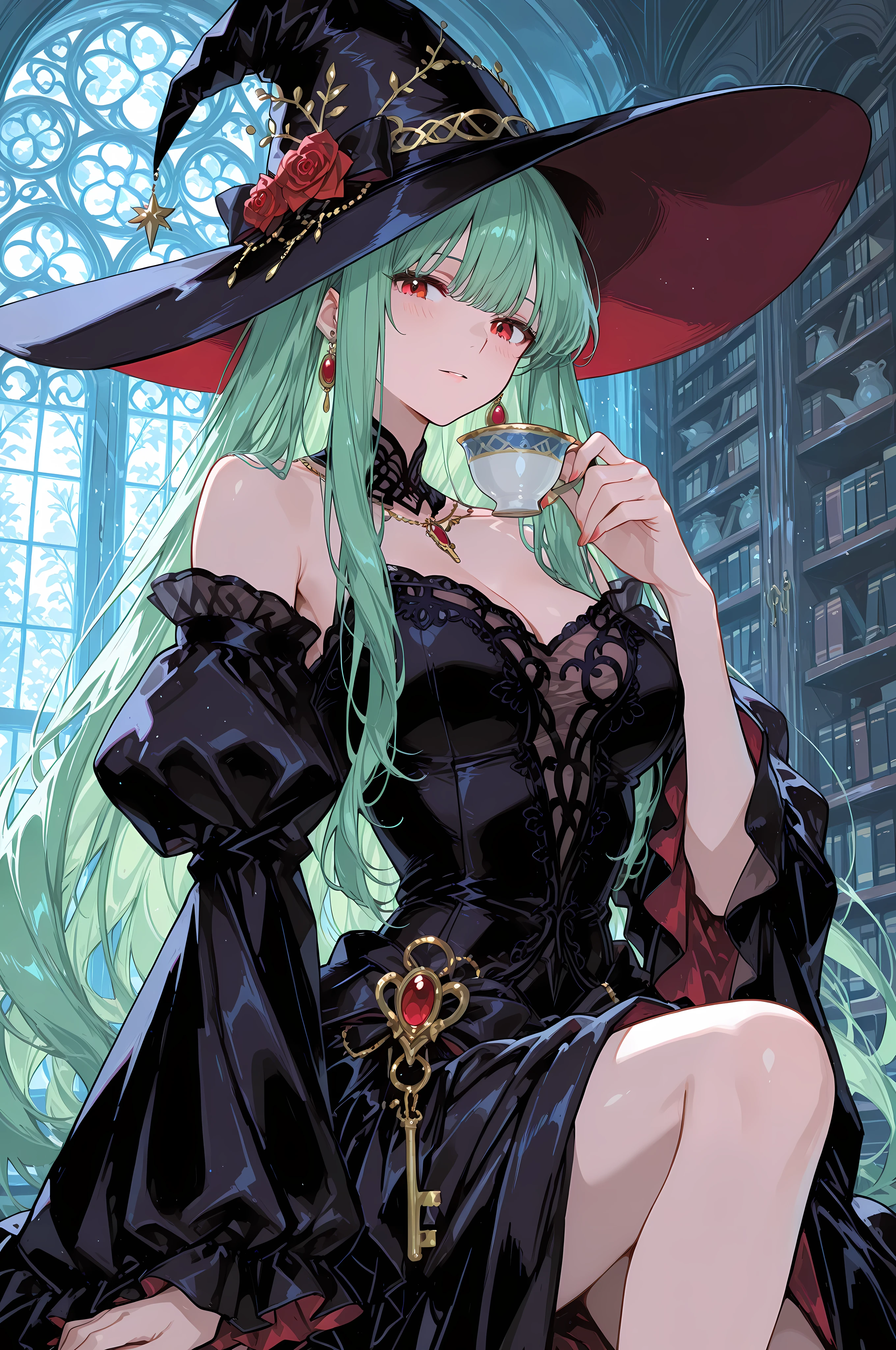 anime key visual, masterpiece, best quality, 1girl, an elegant witch in a velvet gown and a dramatic wide hat, acting as an emotion sommelier. In a library of glowing vials, she adds a drop of captured sorrow to a teacup, causing a ghostly memory to rise. Sophisticated, melancholic, style of The Ancient Magus' Bride, poignant, dark academia.