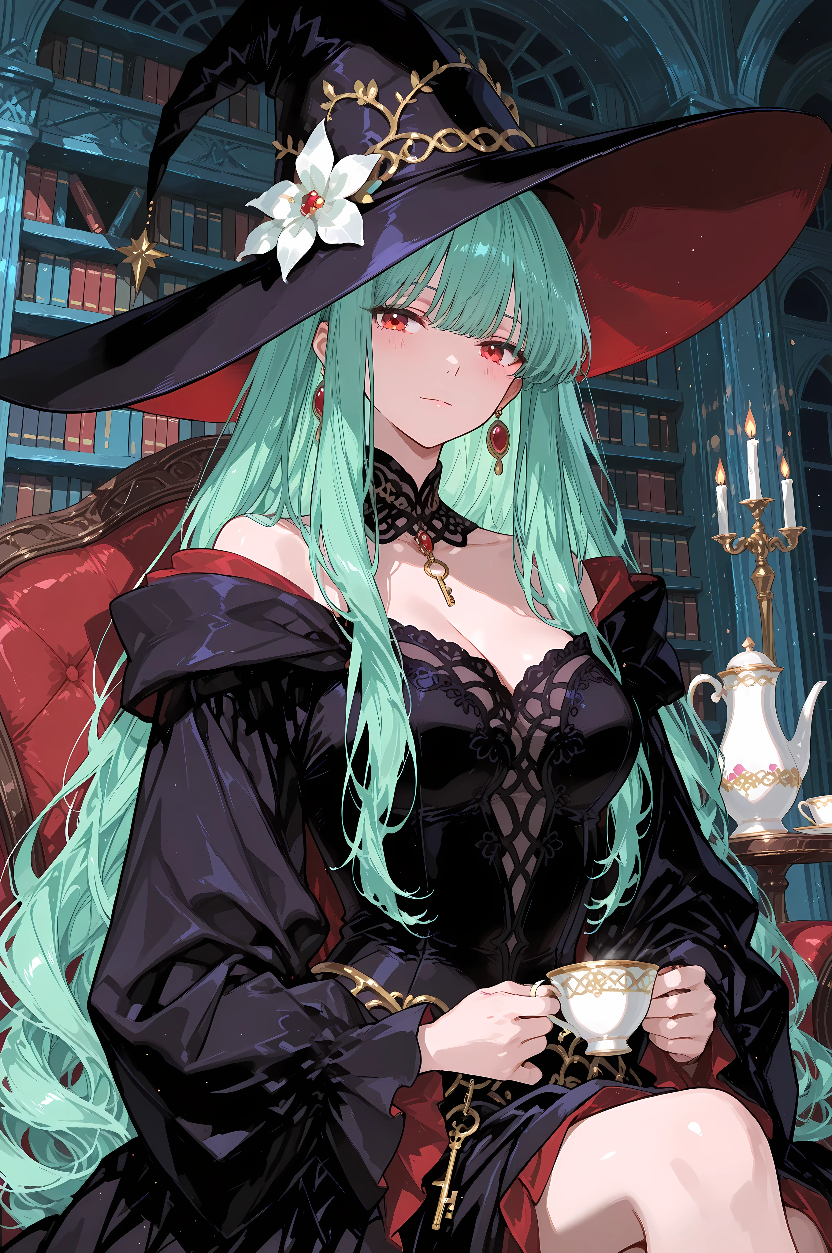 anime key visual, masterpiece, best quality, 1girl, an elegant witch in a velvet gown and a dramatic wide hat, acting as an emotion sommelier. In a library of glowing vials, she adds a drop of captured sorrow to a teacup, causing a ghostly memory to rise. Sophisticated, melancholic, style of The Ancient Magus' Bride, poignant, dark academia.