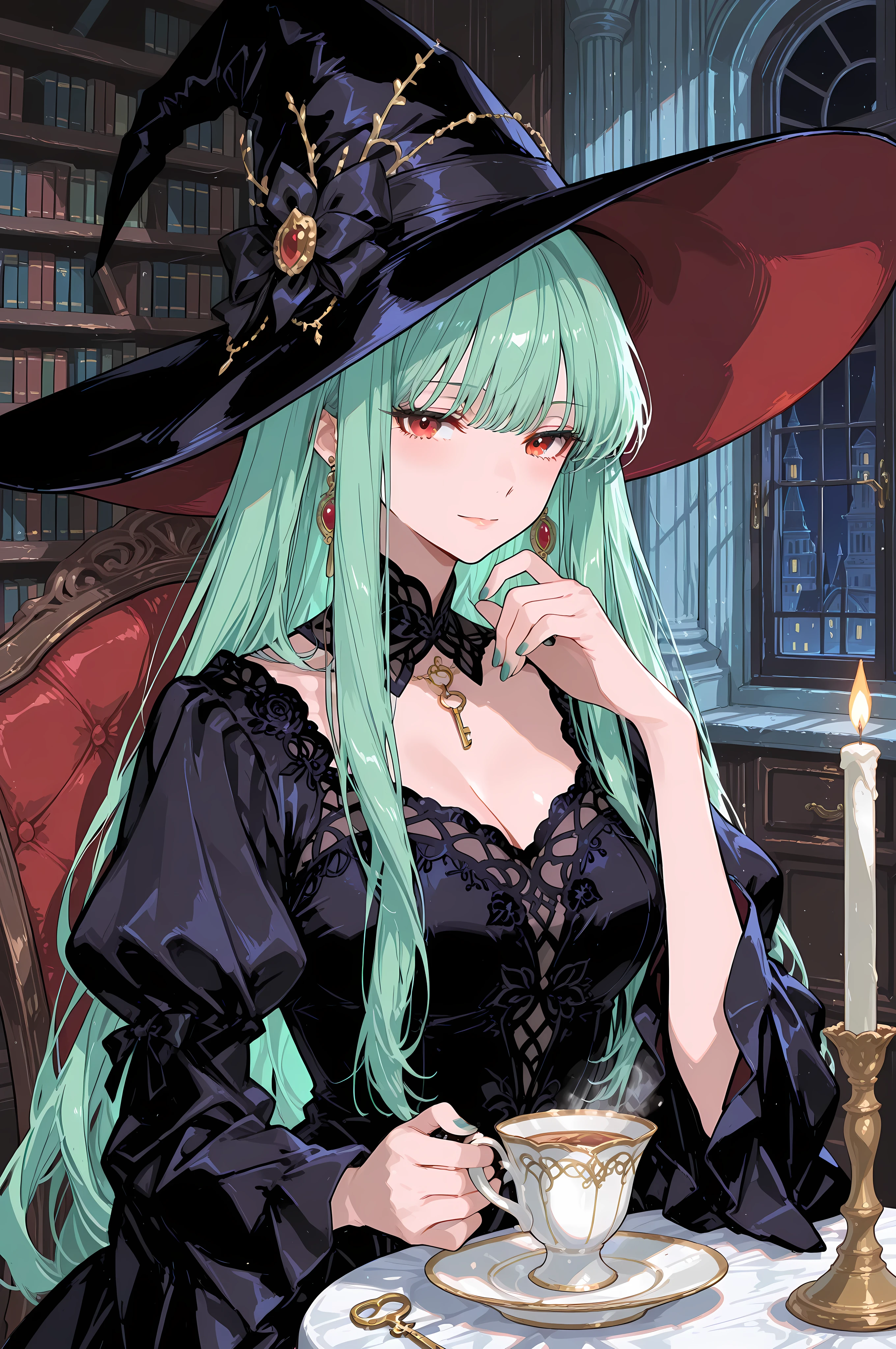 anime key visual, masterpiece, best quality, 1girl, an elegant witch in a velvet gown and a dramatic wide hat, acting as an emotion sommelier. In a library of glowing vials, she adds a drop of captured sorrow to a teacup, causing a ghostly memory to rise. Sophisticated, melancholic, style of The Ancient Magus' Bride, poignant, dark academia.