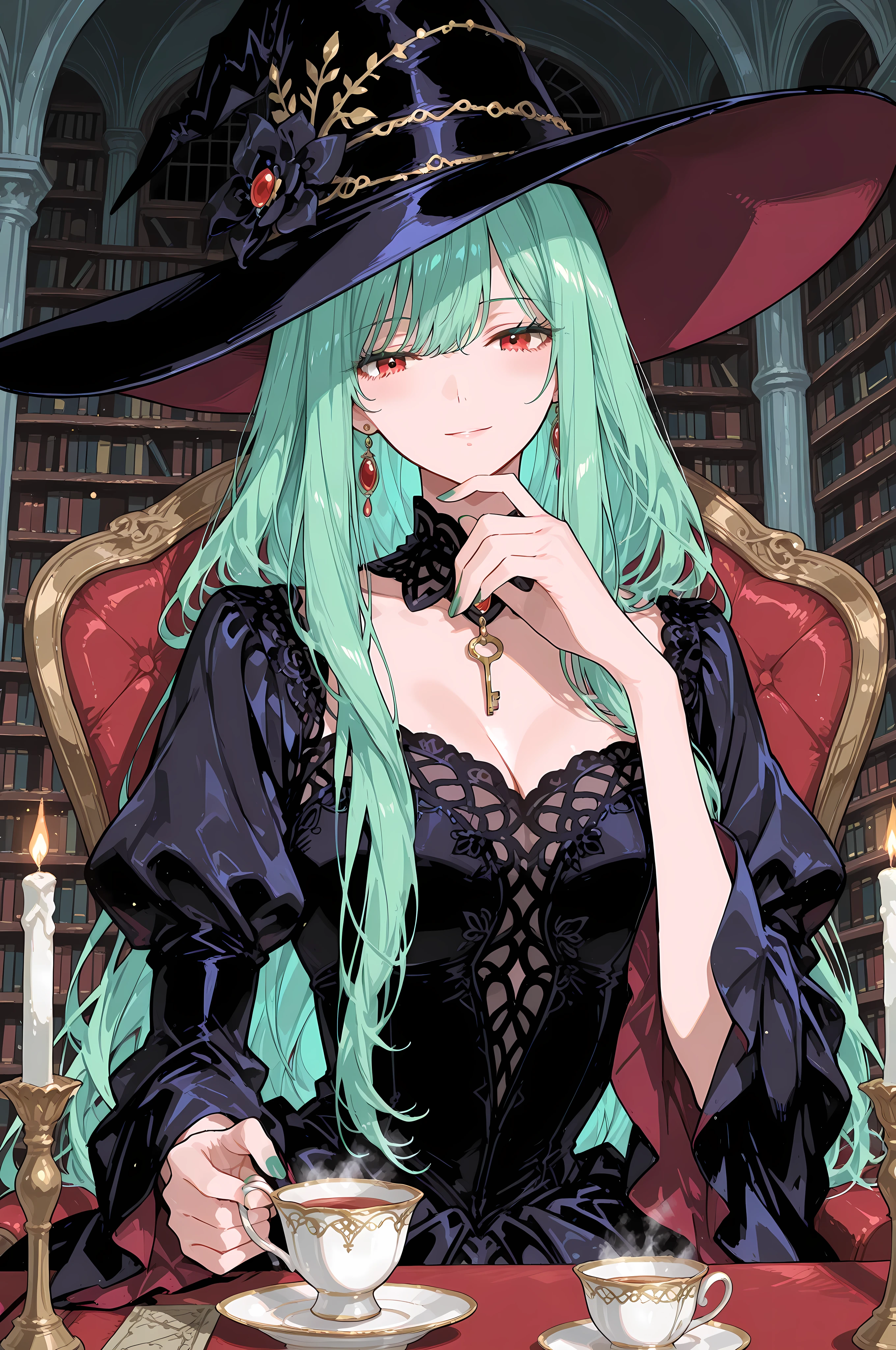 anime key visual, masterpiece, best quality, 1girl, an elegant witch in a velvet gown and a dramatic wide hat, acting as an emotion sommelier. In a library of glowing vials, she adds a drop of captured sorrow to a teacup, causing a ghostly memory to rise. Sophisticated, melancholic, style of The Ancient Magus' Bride, poignant, dark academia.