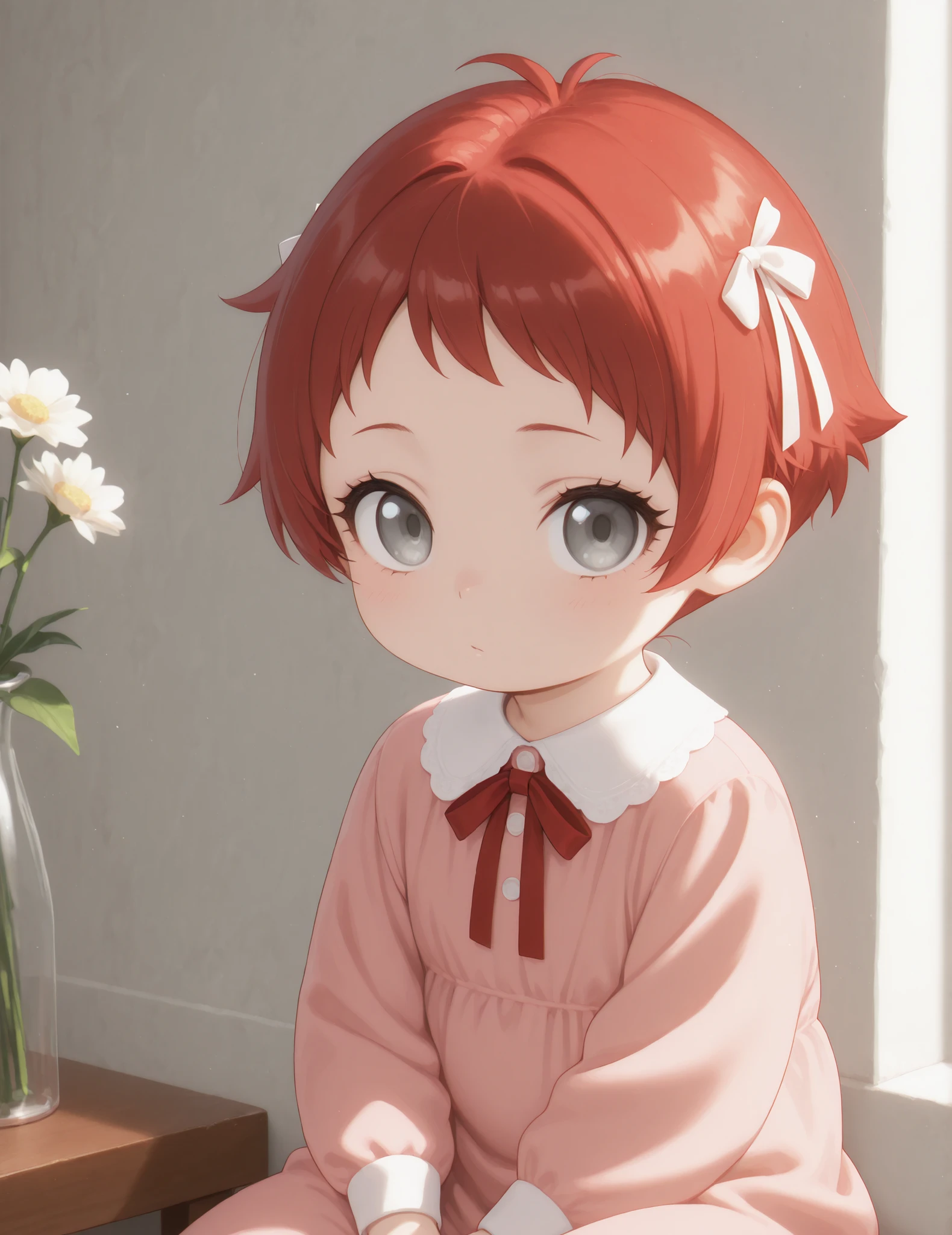 Masterpiece, Best Quality, Newest, Safe, Good Anatomy, Good Resolution, Good Lighting. Beautiful, Anime, Normal. Baby Girl, Red Hair and Short Pixie Hair. Light Grey Eyes. Black Eyelashes, Light Skin. She is an Adorable 9 month old baby. Looking at viewer, Alone, Background:Simple White Color. She is sitting. Wearing clothing:princess dresses, ribbons and flowers.
