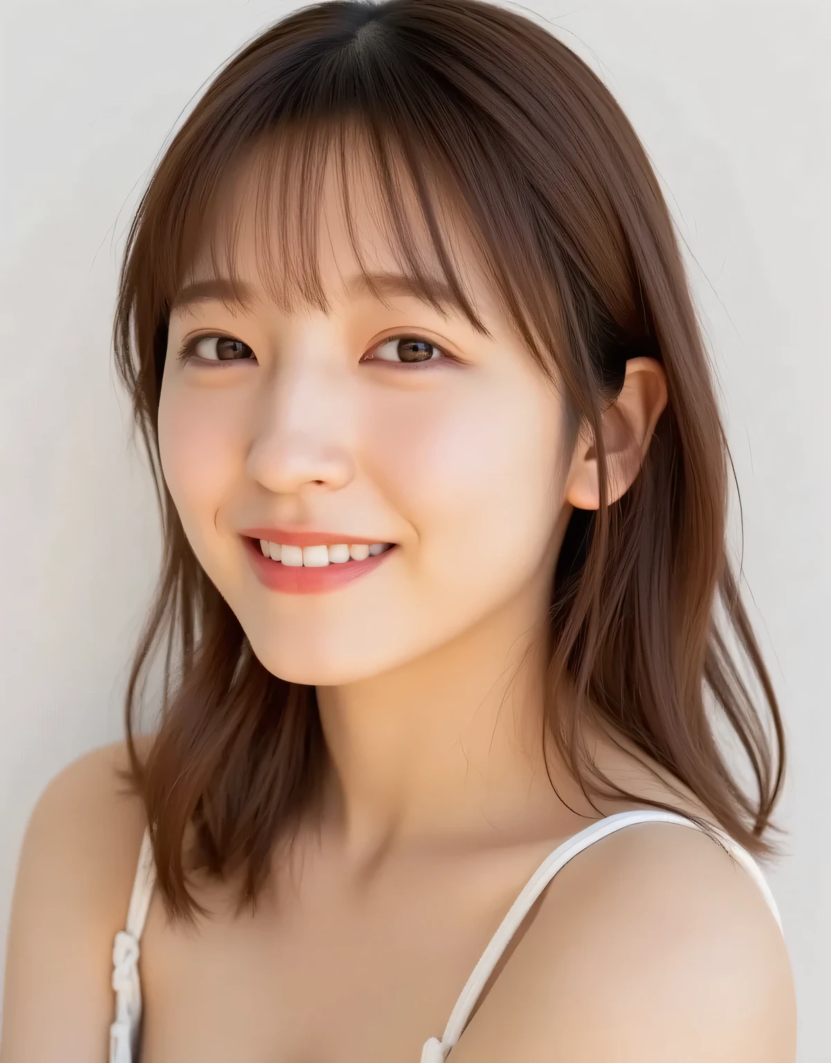 Raw photo, reality, ((staring)), ((focus on face)), ((close-up)), front view, Japanese woman, smiling in the sun, ((brown hair color, medium-long hair, hairstyle)), off-the-shoulder, beautiful collarbone, unedited, live action, authentic, cute young girl, beautifully reflective eyes, beautifully detailed lips, very delicate eyes and face, long eyelashes, smiling in the faint sun, ivory-white background, natural light