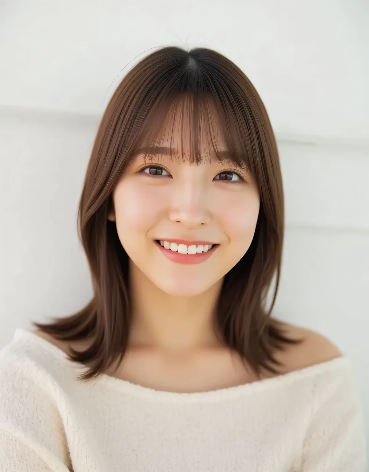 Raw photo, reality, ((staring)), ((focus on face)), ((close-up)), front view, Japanese woman, smiling in the sun, ((brown hair color, medium-long hair, hairstyle)), off-the-shoulder, beautiful collarbone, unedited, live action, authentic, cute young girl, beautifully reflective eyes, beautifully detailed lips, very delicate eyes and face, long eyelashes, smiling in the faint sun, ivory-white background, natural light