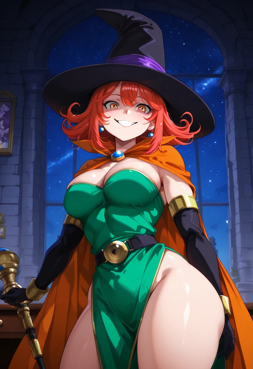 (fantasy style), (anime), ((extremely detailed 8k illustration)), highres, (extremely detailed and beautiful), ultra detailed painting, professional illustrasion, Ultra-precise depiction, Ultra-detailed depiction, (beautiful and aesthetic:1.2), HDR, (depth of field:1.4), professional illustrasion, 
dragon quest, (girl), (mage \(dq3\)), flipped hair, short hair, witch, red hair, red eyes, perfect body, , hat, witch hat, cape, gloves, dress, staff, elbow gloves, boots, green dress, ((glowing magic circle around the girl:1.2)), (flame effects,burnning effects,flame ball), fighting stance, ((RPG battle scene)),