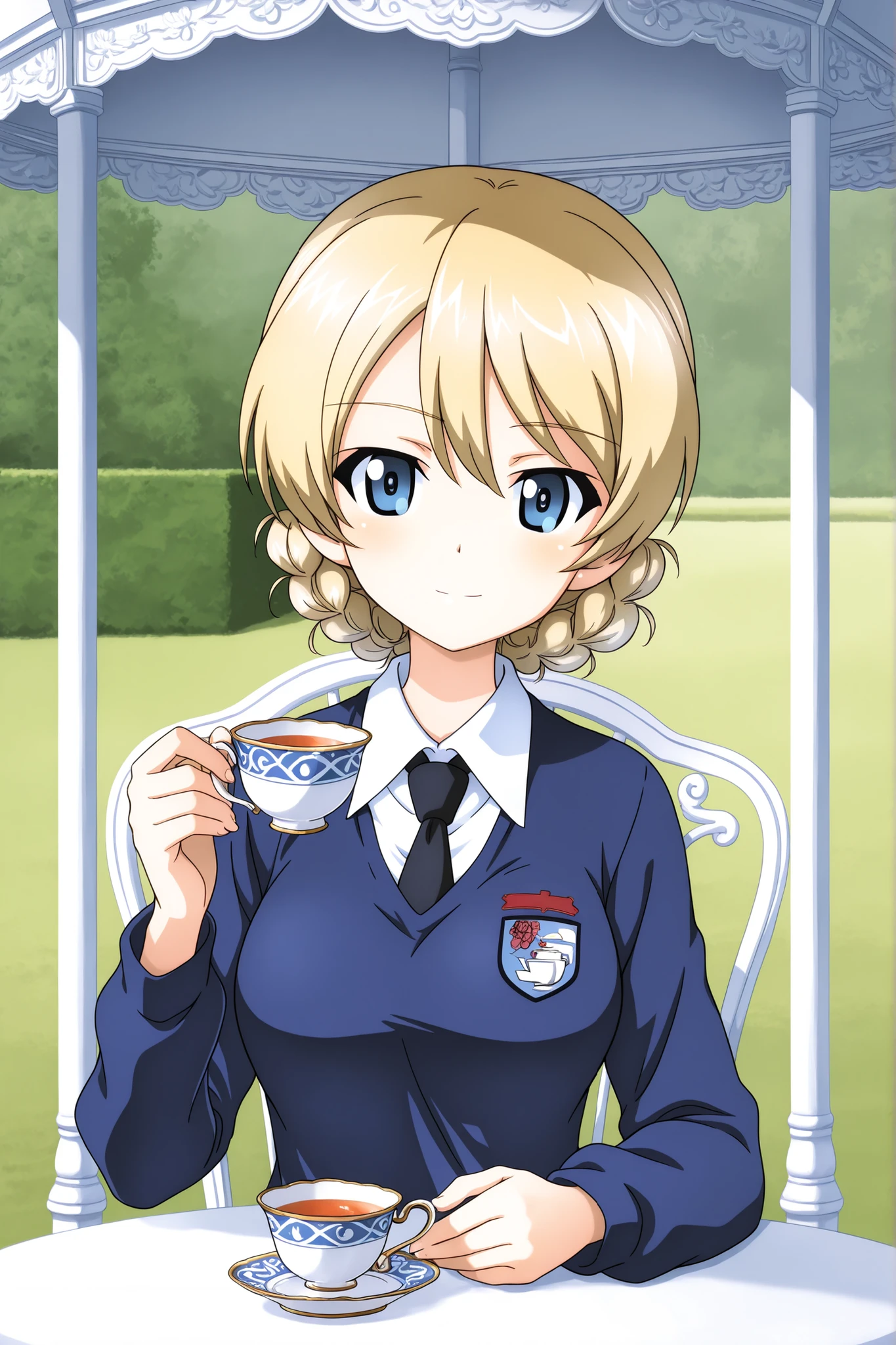 1girl, Character, Girls Und Panzer, darjeeling \(girls und panzer\), St Gloriana’s school uniform, sitting in a white chair under a gazebo, white side table, holding teacup, tea service, portrait shot, Girls_und_Panzer art style