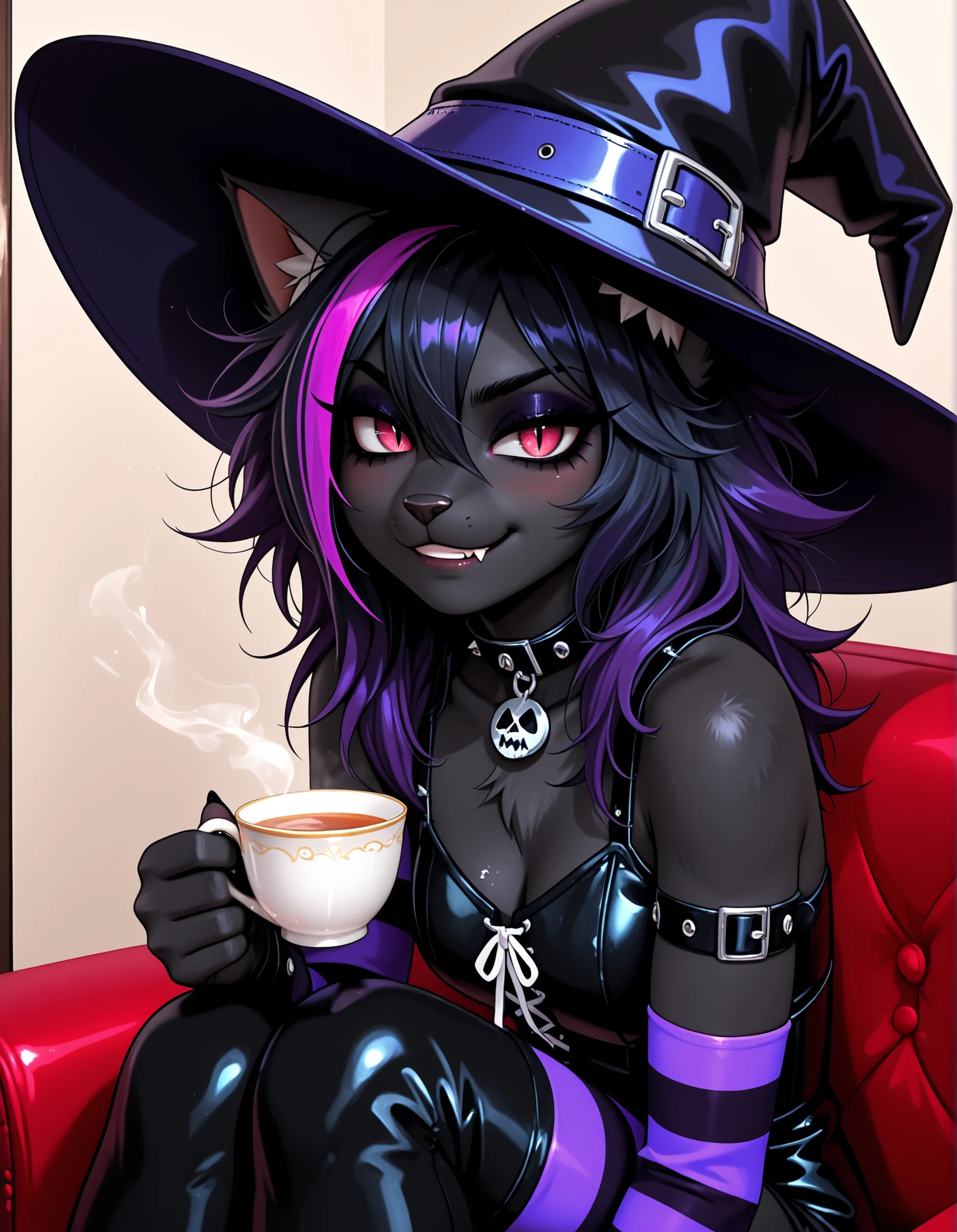JizokuStyle, jizoku, best quality, highest quality, (Anthro:1.5), Goth cat girl, furry, anthro, sitting, solo, official style, (witch hat), (body fur), (black body, black skin, black fur), eyelashes, eyeliner, (black hair, purple hair, streaked hair), (messy hair, wild hair), animal ears, slit pupils, expressive eyes, beautiful eyes, smirk, fang, purple stripes, punk, collar,, having a cup of tea about 