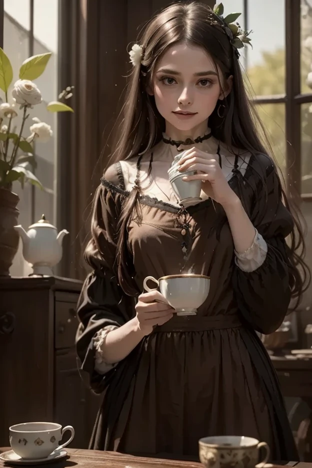 A whimsical tea witch, her cup brimming with shimmering dreams, illusions, and mischief, poised amidst a cozy, enchanted interior; a masterpiece of whimsy, vibrant colors, and ethereal details, hyper-realistic, 8K, professionally-shot, cinematic lighting, intricate brushwork, highly detailed