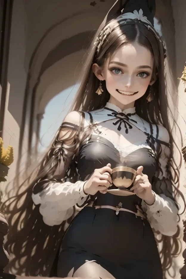 A whimsical tea witch, her cup brimming with shimmering dreams, illusions, and mischief, poised amidst a cozy, enchanted interior; a masterpiece of whimsy, vibrant colors, and ethereal details, hyper-realistic, 8K, professionally-shot, cinematic lighting, intricate brushwork, highly detailed