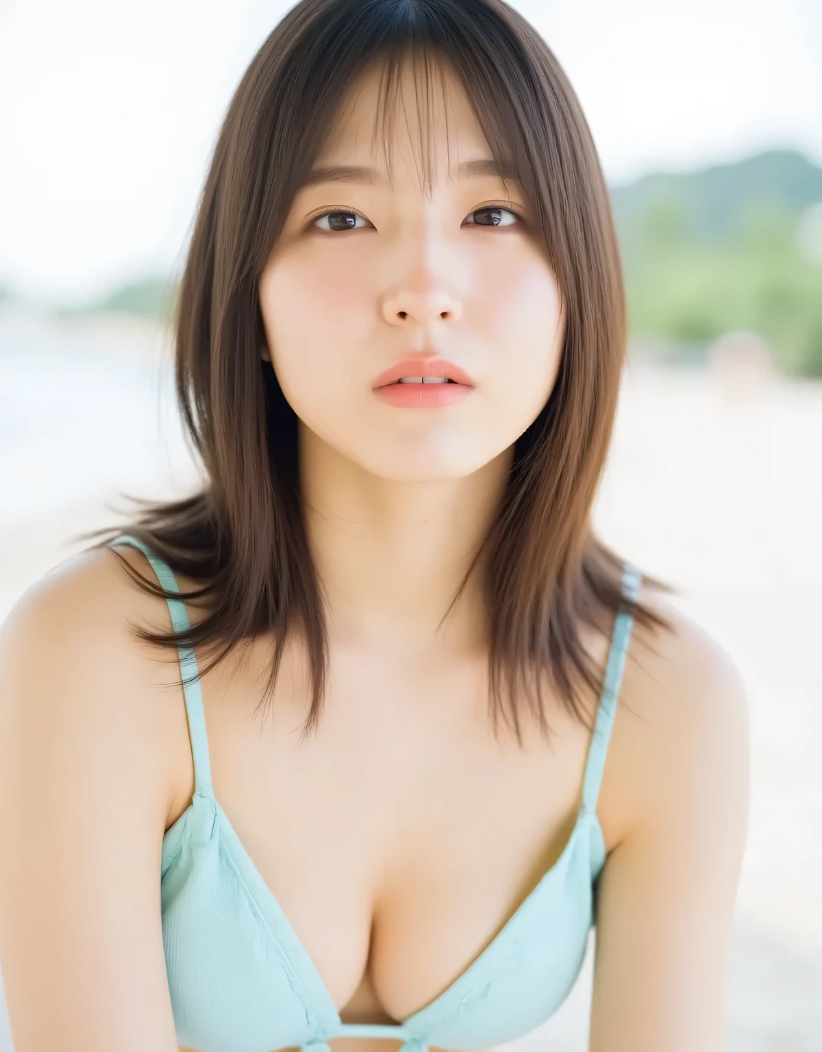 Raw photo, reality, ((staring)), ((focus on face)), ((close-up)), front view, Japanese woman, smiling in the sun, ((brown hair color, medium-long hair, hairstyle)), ((light blue string bikini top)), beautiful collarbone, unedited, cowboy shot, live action, authentic, cute young girl, beautifully reflective eyes, beautifully detailed lips, very delicate eyes and face, long eyelashes, smiling in the faint sun, ivory white background, natural light
