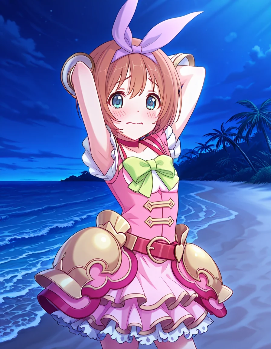 pcrkrmi, short hair, brown hair, hairband, hair ribbon, blue eyes, pkrmdef, purple ribbon, short sleeves, pink dress, white shirt, green bowtie, red choker, red belt, hip armor, white gloves, white skirt, layered skirt, anime screencap, high quality, solo, night sky, beach, armpits, (hands behind head), ((contrapposto)), closed mouth, cowboy shot, looking at viewer, wavy mouth, shy, best quality
