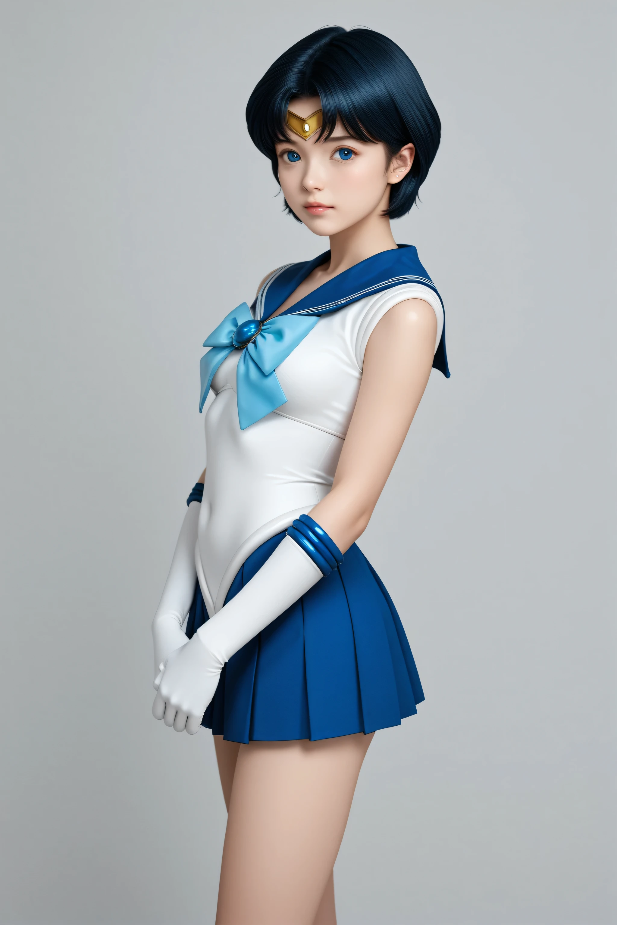 score_9, score_8_up, score_7_up , perfect 、 high quality、 best image quality , 1girl, solo, sailor mercury, Japanese, short hair, blue skirt, sailor suit, white long gloves 