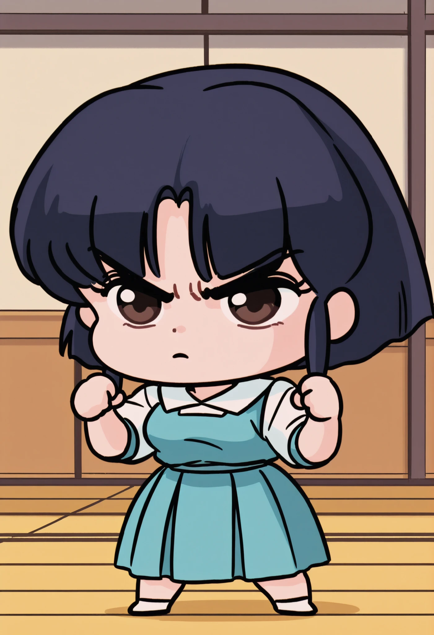 akane tendou, dark blue hair, short hair, ojos cafes, medium breasts, NSFW,  sexy hips, sexy waist, school uniform with long skirt,  long blue skirt, light blue uniform, Japanese dojo garden, by day, alone, without people in the background, pretty woman, Cute anime girl, blushed, standing, pose linda, imagen linda wallpaper, full body, Chibi, martial arts pose, serious look, looking at the viewer, hablando, mouth shut