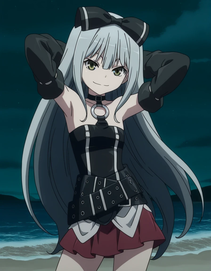 sora, long hair, bow, yellow eyes, hair bow, grey hair, black bow, anime screencap,
skirt, bare shoulders, detached sleeves, choker, belt, red skirt, black dress, o-ring, high quality, closed mouth, solo, cowboy shot, night sky, beach, hands behind head, ((contrapposto)), looking at viewer, smile, best quality, 