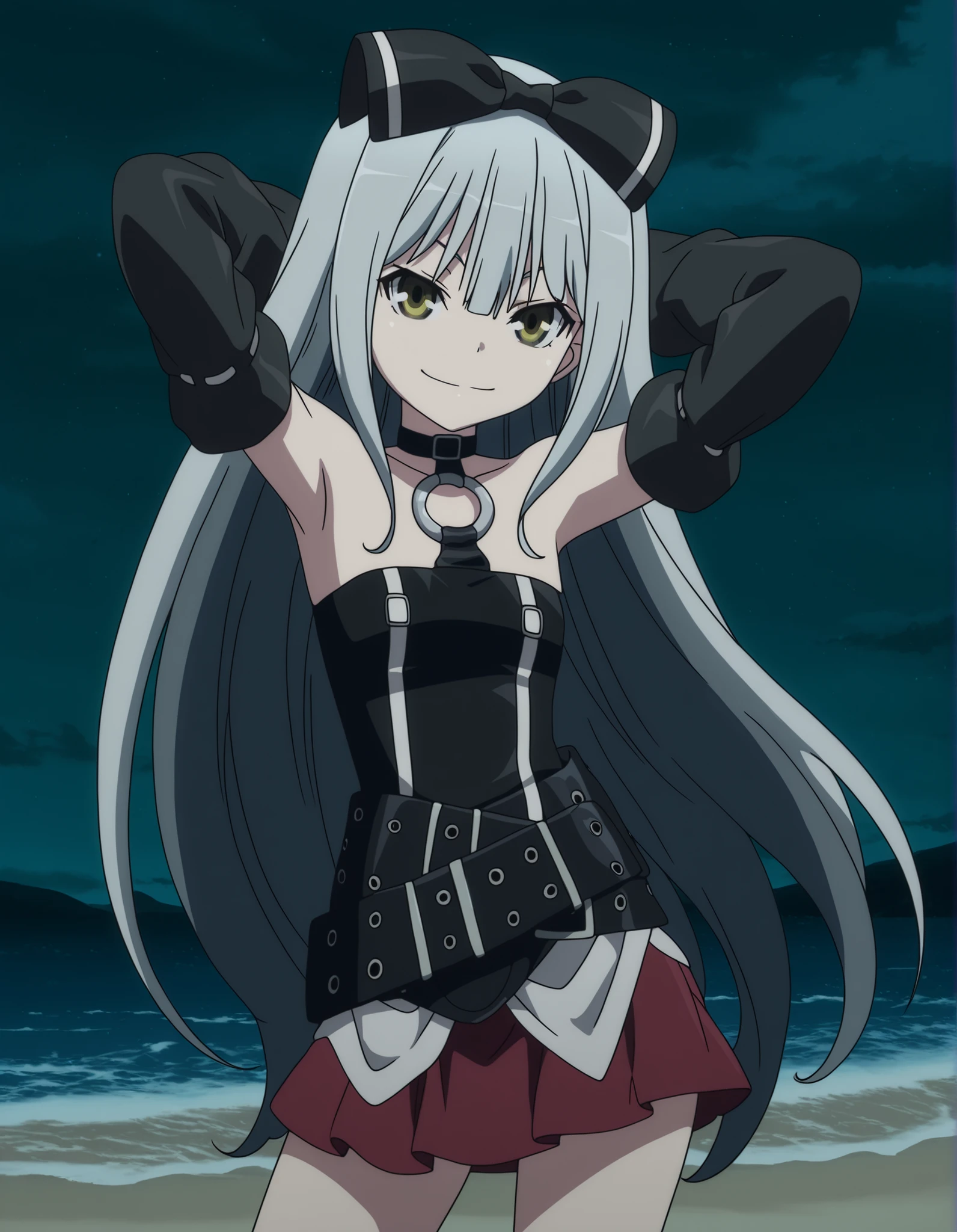 sora, long hair, bow, yellow eyes, hair bow, grey hair, black bow, anime screencap,
skirt, bare shoulders, detached sleeves, choker, belt, red skirt, black dress, o-ring, high quality, closed mouth, solo, cowboy shot, night sky, beach, hands behind head, ((contrapposto)), looking at viewer, smile, best quality, 