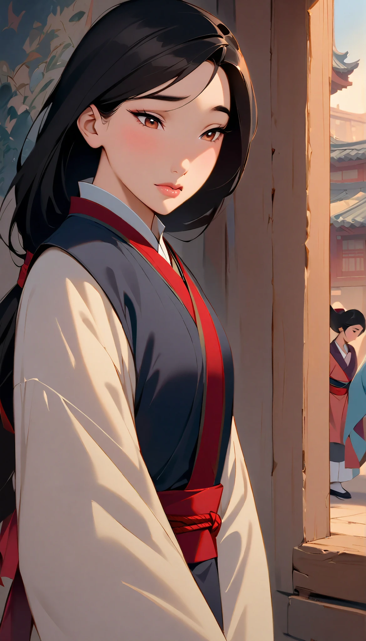 Hua Mulan,Show female shy,ultra shy, ((shyyness)), looking down, 19 years old, like a porcelain doll, fine features, delicate,Black and red color scheme,poster,iconic disney characters。shonen style, anime style, straight hair, ((long hair)) ,japanese young woman warrior, black hair, traditional japanese dress, wind blow, spring, bottom perspective, panoramic view, fantastic lighting, detailed, with an sword, ((perfect eyes)), ((really shy)), woman body, kunoichi, dutch angle, ((closed mouth)),((perfect lips)), ((brown eyes)), extremely shy, extremely blushed, ((looking down)),