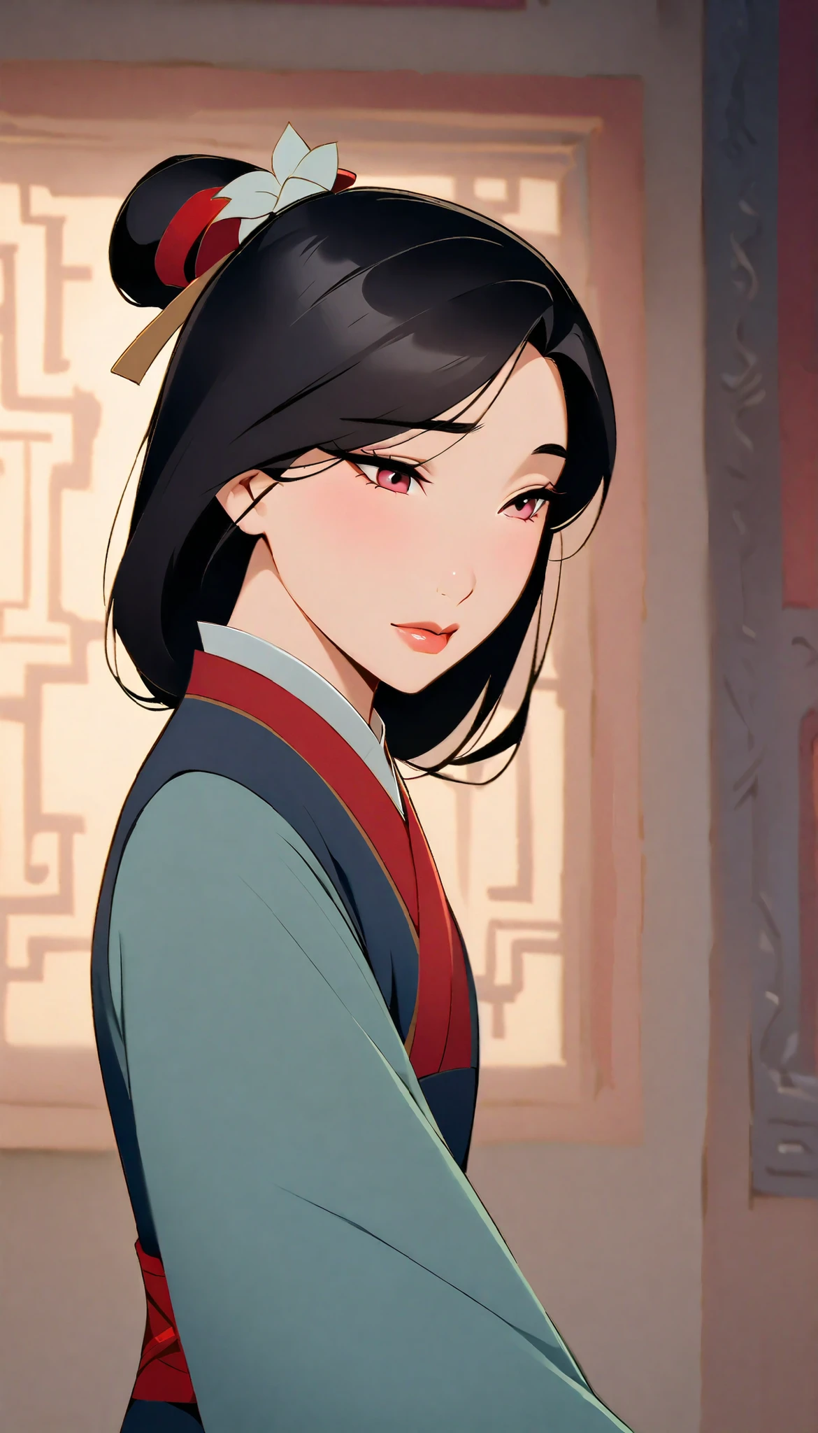 Hua Mulan,Show female shy,ultra shy, ((shyyness)), looking down, 19 years old, like a porcelain doll, fine features, delicate,