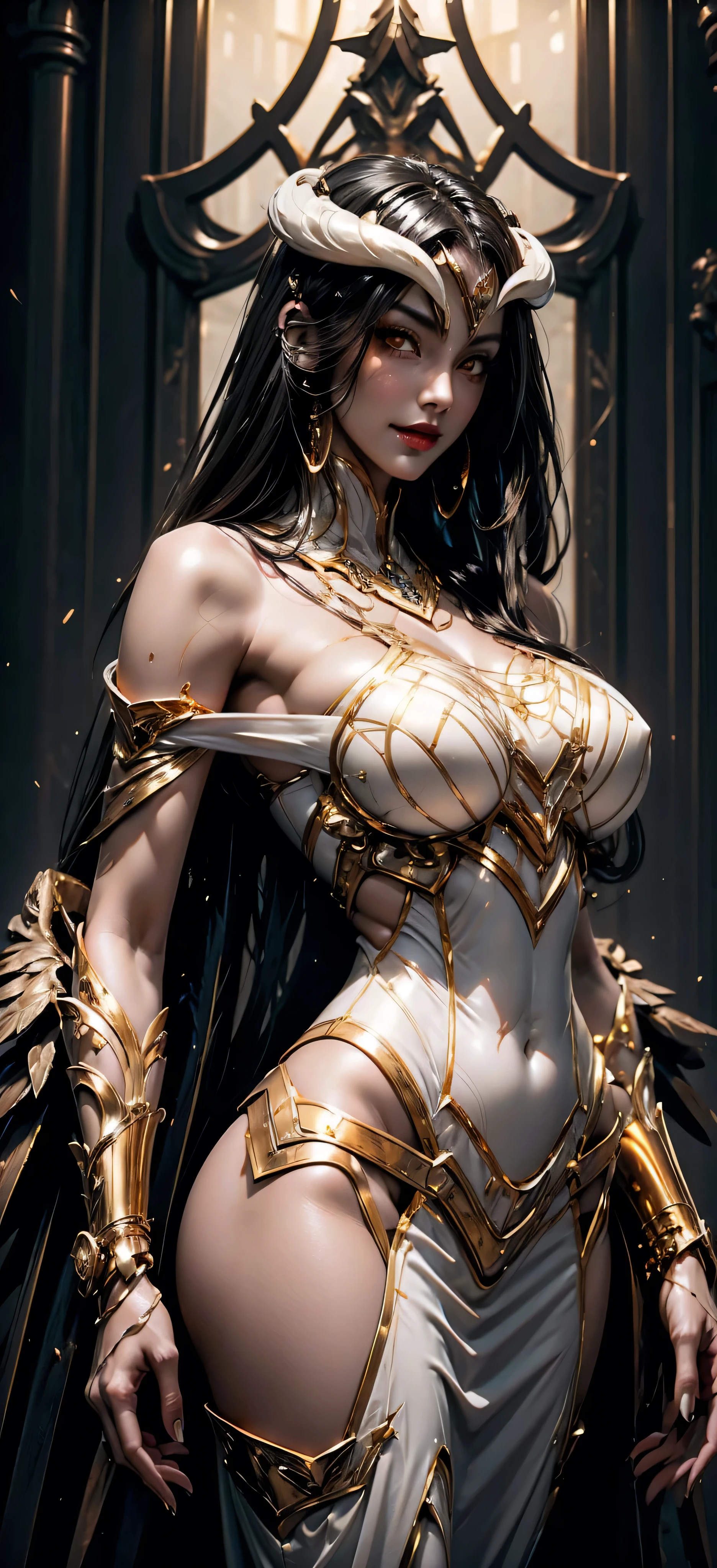 A (super realistic) beautiful sexy woman(albedo _overlord) with (glossy orange eyes) and white attire(detailed with perfect sharpness ) with gold jewellery on sexy breast, beautiful breast(perfect shape and size), red lips, black long beautiful hair, hyper detailed black wings, eyes contact and face towards viewer (every thing with best detailing), sexy pose while standing straight with seducing smile on face in middle, wallpaper pose.