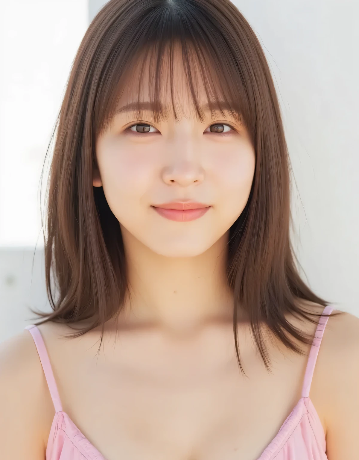 Raw photo, reality, ((staring)), ((focus on face)), ((close-up)), front view, Japanese woman, smiling in the sun, ((brown hair color, medium-long hair, hairstyle)), ((light pink string bikini top)), beautiful collarbone, unedited, cowboy shot, live action, authentic, cute young girl, beautifully reflective eyes, beautifully detailed lips, very delicate eyes and face, long eyelashes, smiling, ivory white background, natural light
